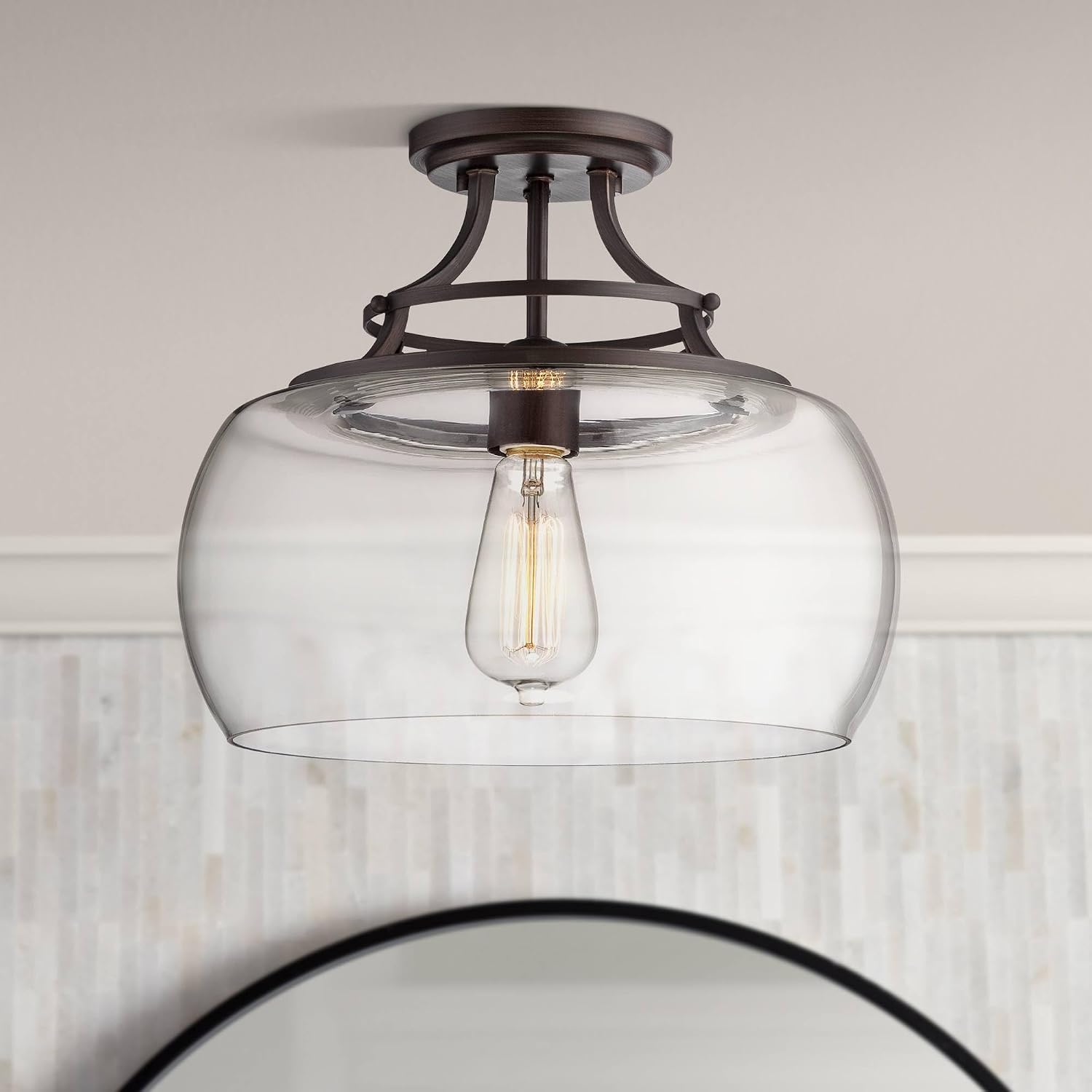 Franklin Iron Works Charleston Industrial Rustic Farmhouse Ceiling Light Semi Flush-Mount Fixture 13 1/2' Wide Bronze LED Clear Glass Shade for Bedroom Kitchen Living Room Hallway Dining Bathroom
