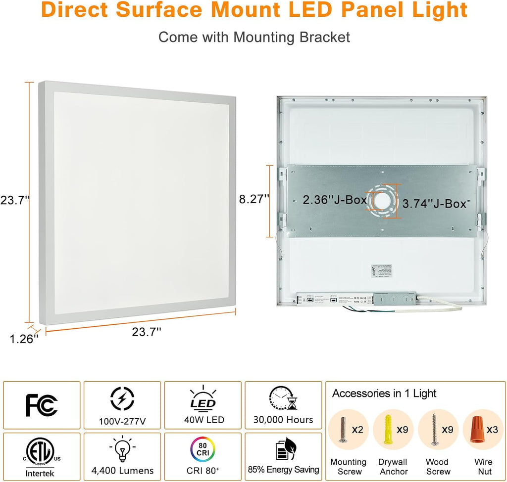 2x2 LED Flat Panel Light Surface Mount, 40W-30W-20W & 3000K-4000K-5000K Selectable, 0-10V Dimmable, 24 Inch Square Flush Mount Ceiling Fixture for Kitchen, Shop, 100-277V, ETL, 2 Pack,White