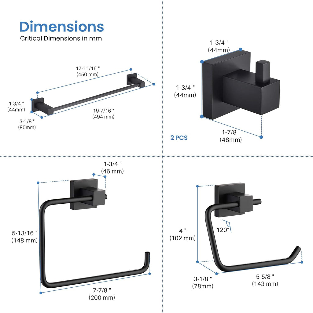 KIBI Cube Bathroom Hardware Set, 5-Piece Accessories Set | 18' Towel Bar, Towel Ring, Toilet Paper Holder, 2 Robe Hooks | Solid Brass Wall Mounted Bathroom Fixtures | Matte Black, C-KBA15-5-4