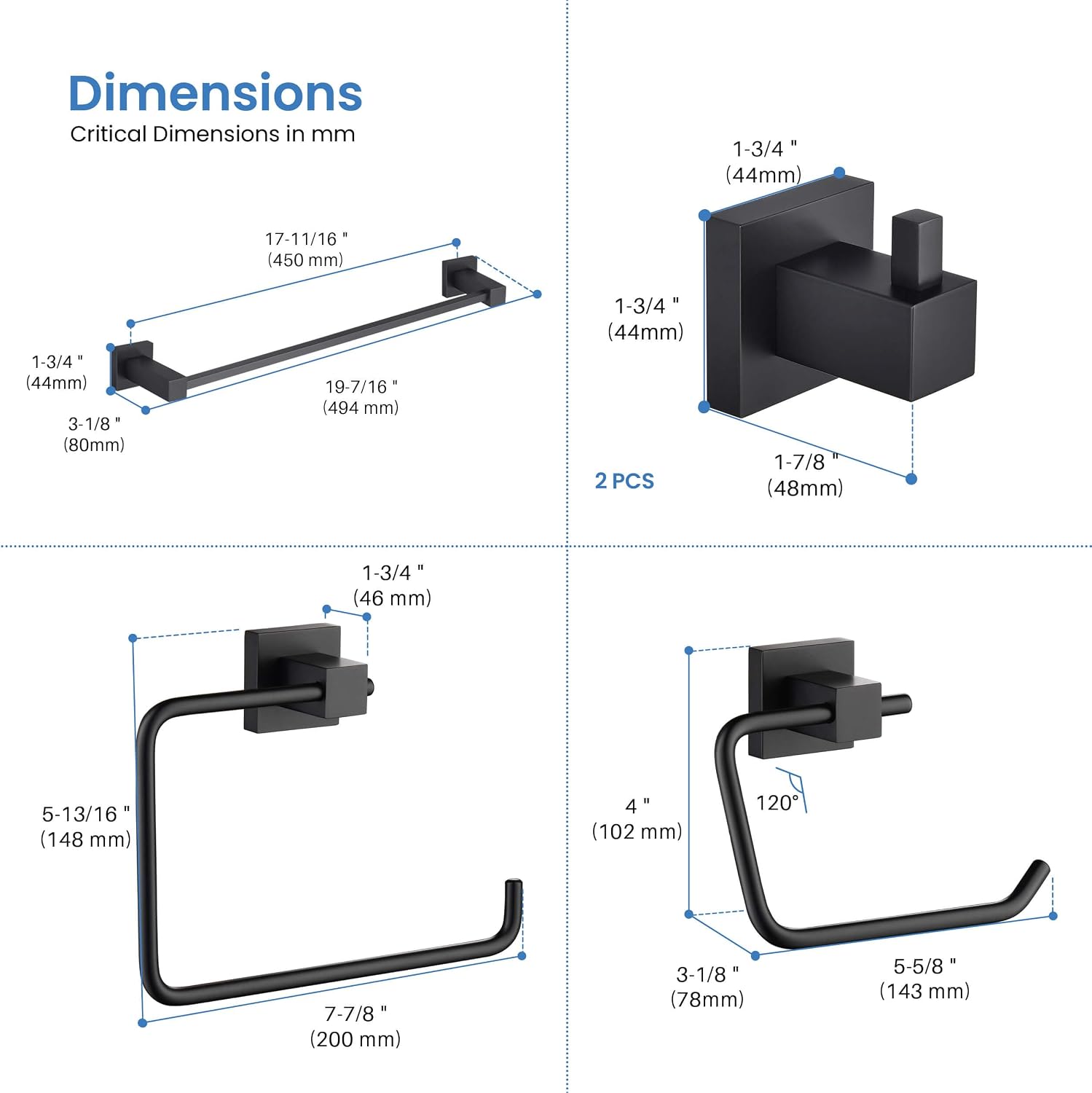 KIBI Cube Bathroom Hardware Set, 5-Piece Accessories Set | 18' Towel Bar, Towel Ring, Toilet Paper Holder, 2 Robe Hooks | Solid Brass Wall Mounted Bathroom Fixtures | Matte Black, C-KBA15-5-4