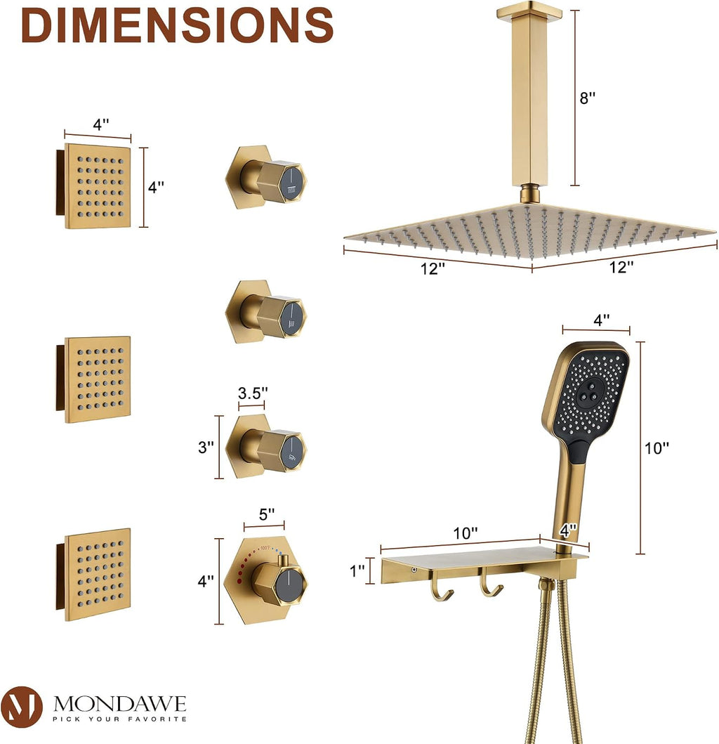 MONDAWE Shower System with Body Jets, 12 Inch Thermostatic Rain Shower System Ceiling Mount, Full Body Spray Shower Jets System with a Shelf, Towel Hooks - Brushed Gold