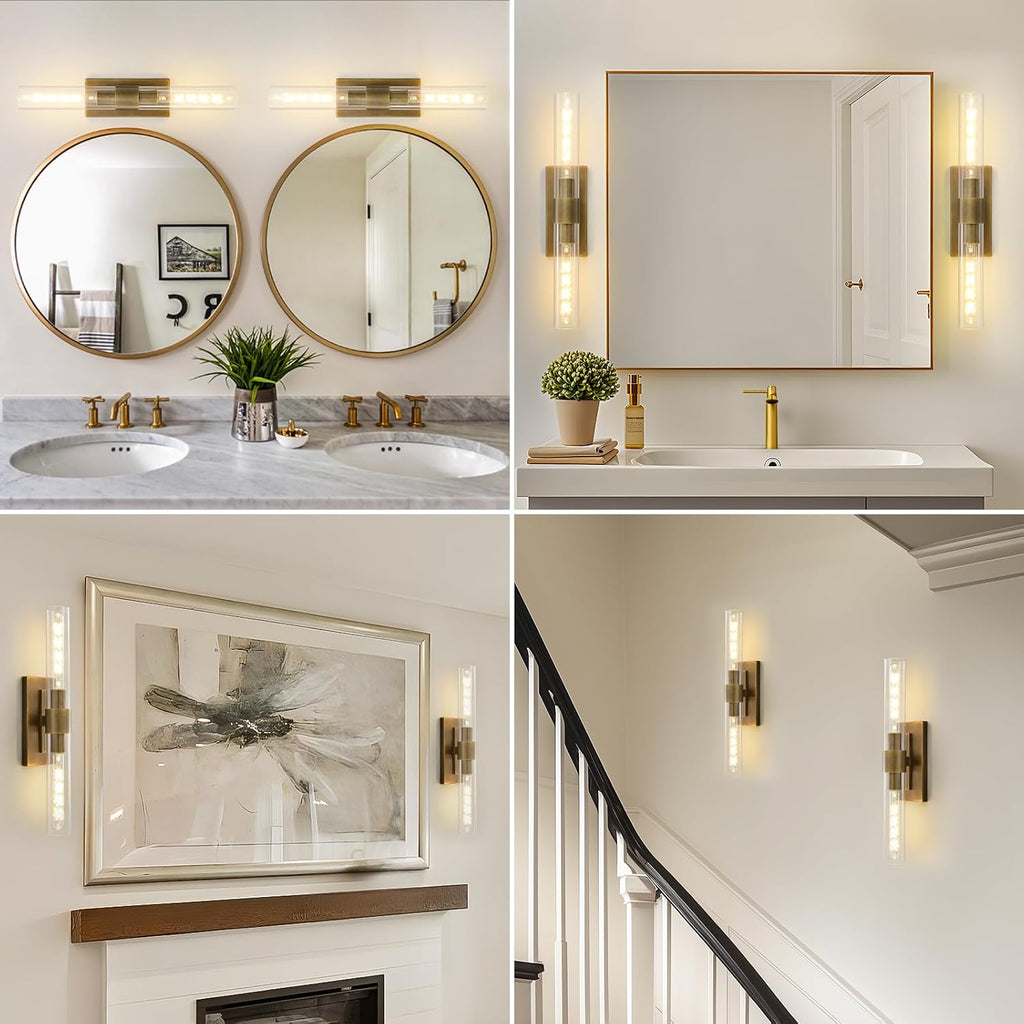 23' Brass Wall Sconce with Clear Glass Shade - Rust-Resistant Vintage Light, E26 Indoor Sconce, Decorative Lighting for Bathroom Living Room Stairway Fireplace Bedroom (Bronze)