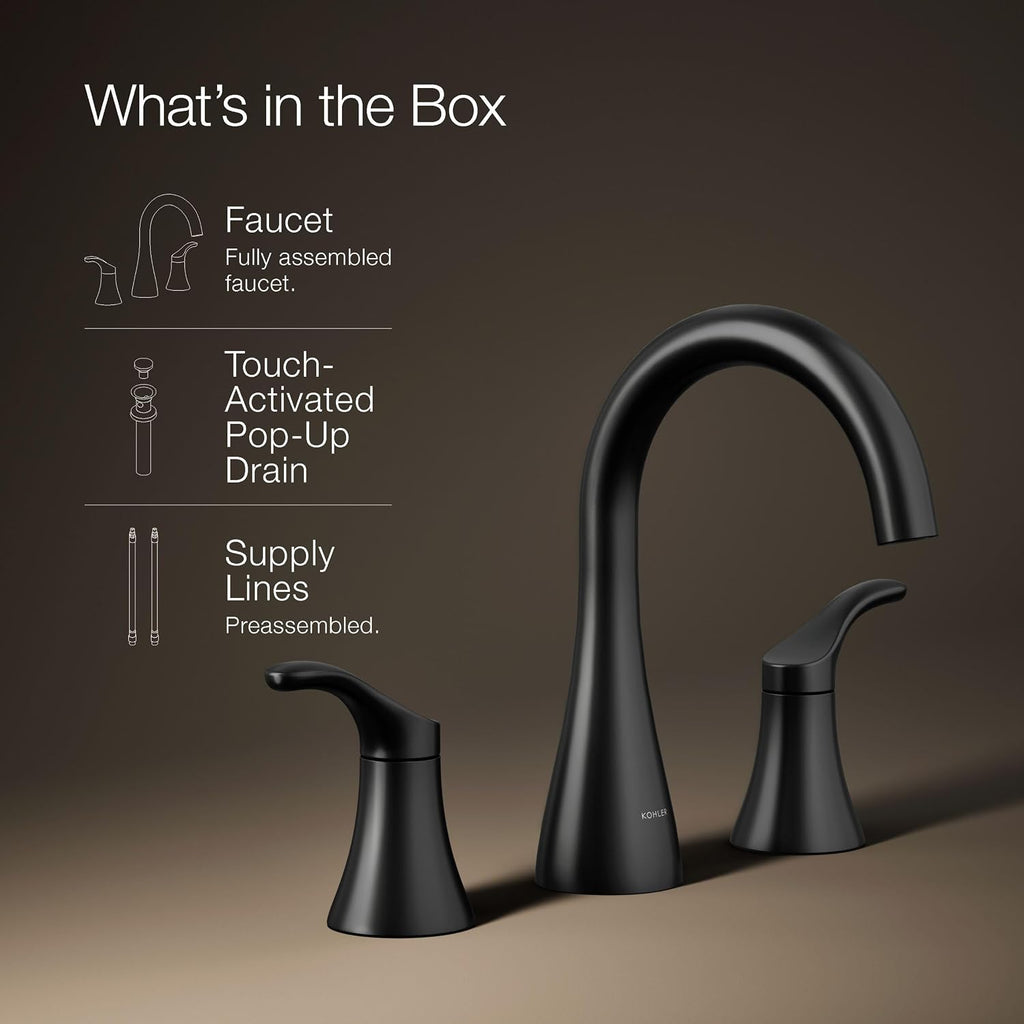 KOHLER K-27390-4-BL Simplice® Widespread Bathroom Sink Faucet, Bathroom Faucets with Two Lever Handles and Clicker Drain, 1.2 GPM, Matte Black
