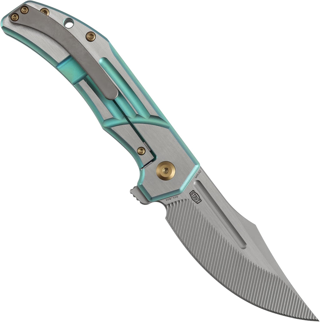 KANSEPT Orion Pocket Knife, 3.07' Machine Satin S35VN Blade with Blood Groove and Green Anodized Titanium Handle Both Crafted with CNC Milling, Flipper EDC Folding Knife for Camping, Hunting K1089B4