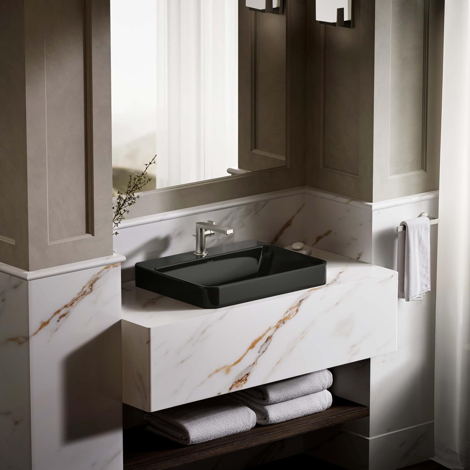 KOHLER K-2660-1-7 Vox Rectangle Vessel Above-Counter Bathroom Sink with Single Faucet Hole, Black Black