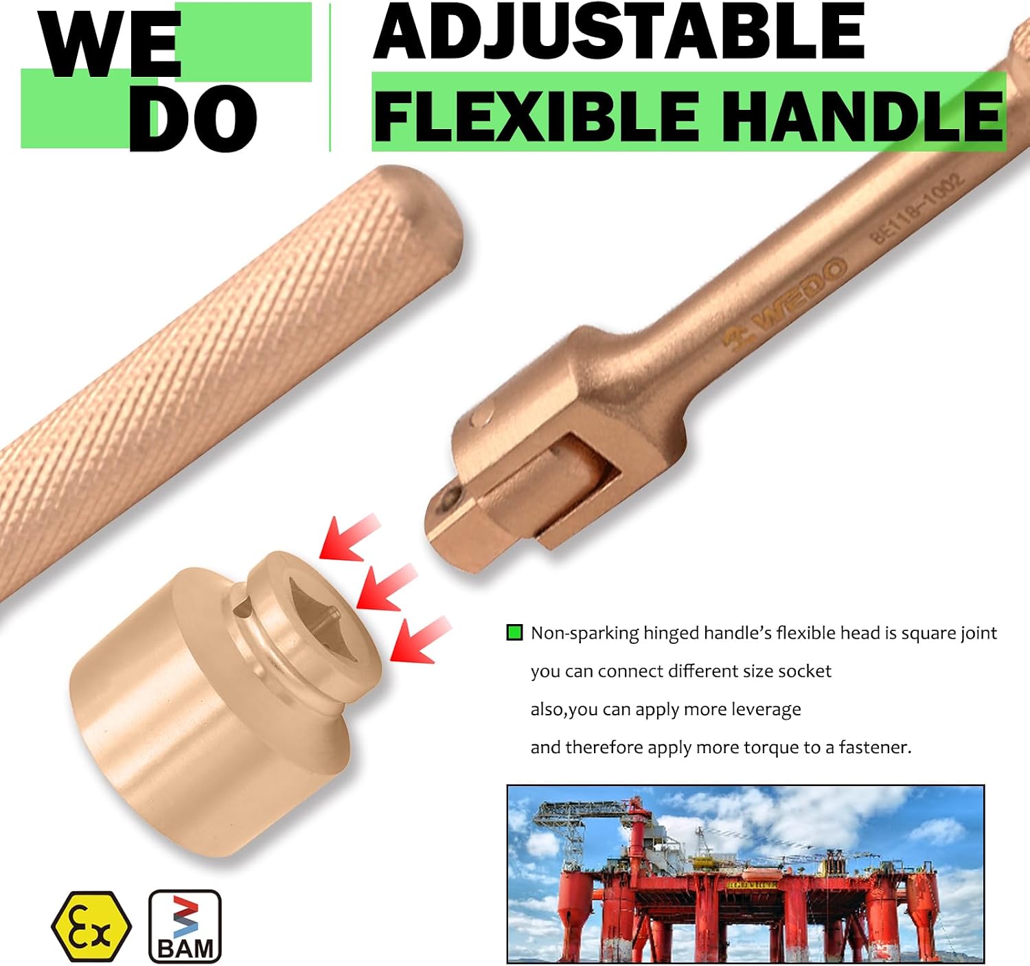WEDO Non-sparking Flexible Handle,1/2' Square Drive,Length 250mm,Hinge handle,Driver head conversion is convenient for multi-angle use,Beryllium Copper,Non-magnetic,DIN Standard,BAM & FM Certificate