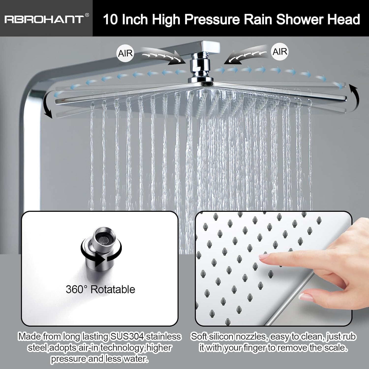 RBROHANT Polished Chrome Exposed Shower System with Tub Spout, Exposed Shower Fixtures for Bathroom with Brass 3-Functional Valve, Height Adjustable, Wall Mounted