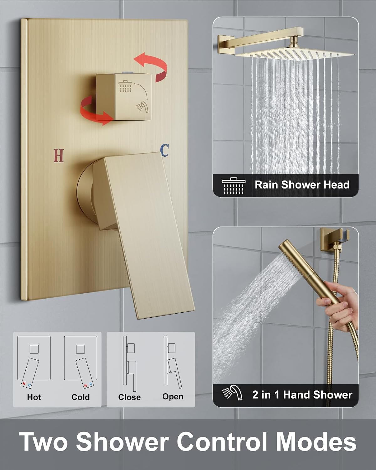 Aolemi Shower System with Rainfall Shower Head and Handheld Wall Mount,High Pressure Shower Faucet Set Fixture Combo with 2 in 1 Handheld Spray Rough-in Valve,12 Inch Shower Head Brushed Gold