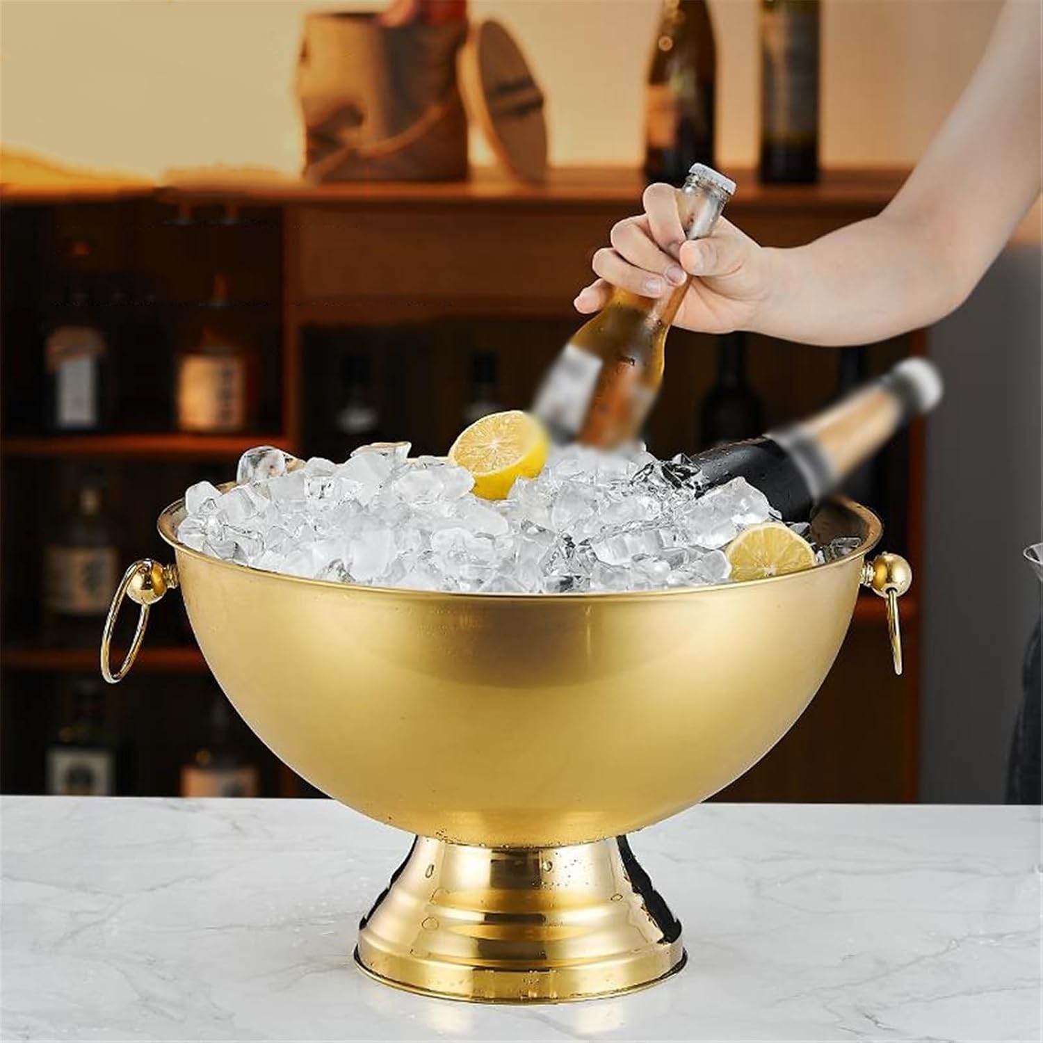 ice buckets Large Stainless Steel Double-eared Ice Bucket For Wine Champagne Beer KTV Clubs Bar Parties(Rose gold)