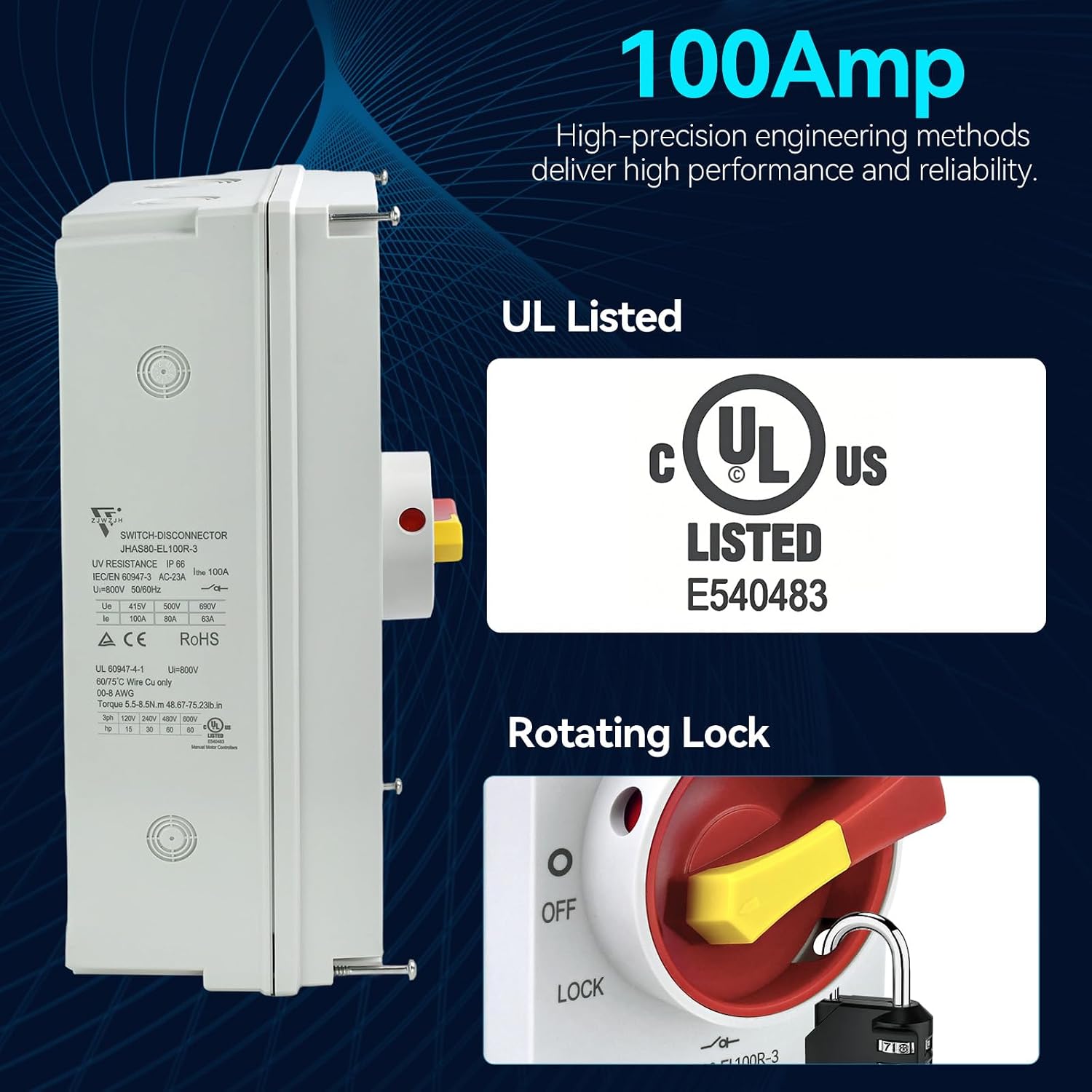UL Listed 100 Amp AC Disconnect Switch 3-Pole 800VAC IP66 Waterproof PV Isolation 100A Service Disconnect Box Outdoor 3-Ways 100A Heavy Duty Safety Switch