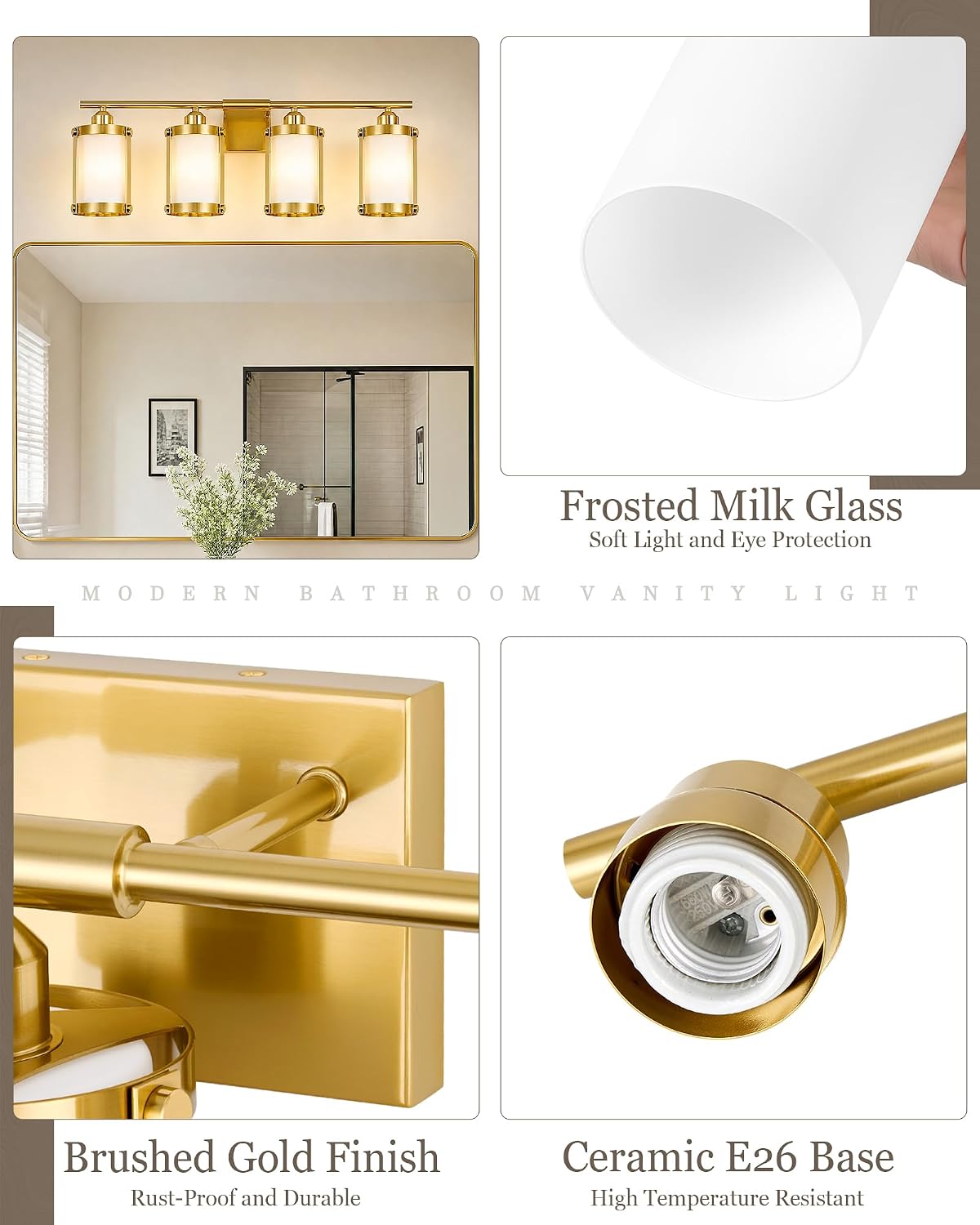 4-Light Brushed Gold Bathroom Light Fixtures with Milk White Frosted Glass, 29' UL-Listed Modern Wall Sconce Over Mirror with Metal Cage for Bath, Hardwire E26, OS-3014BGW-4W