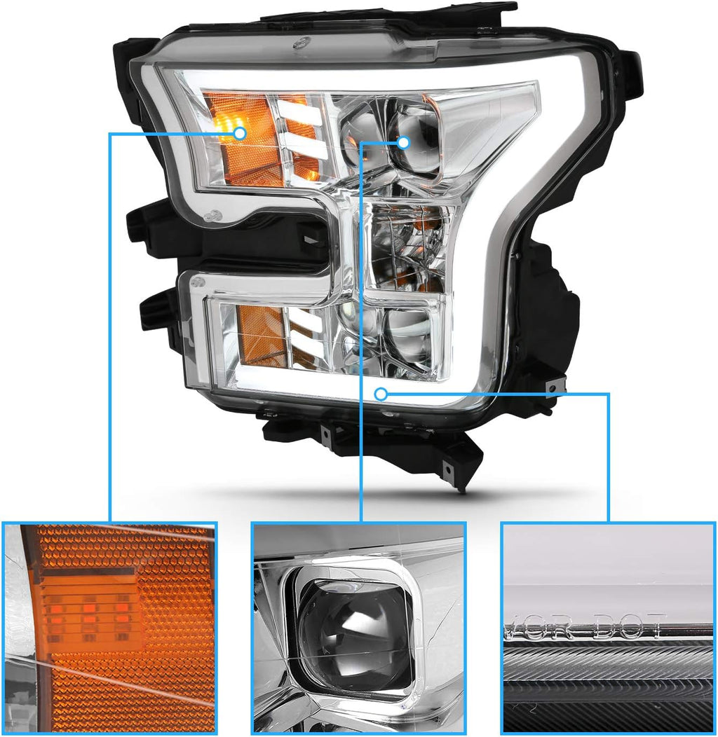 AmeriLite for 2015-2017 Ford F150 Truck Chrome LED Tube Dual Square Projector Replacement Headlights Assembly Pair - Driver and Passenger Side