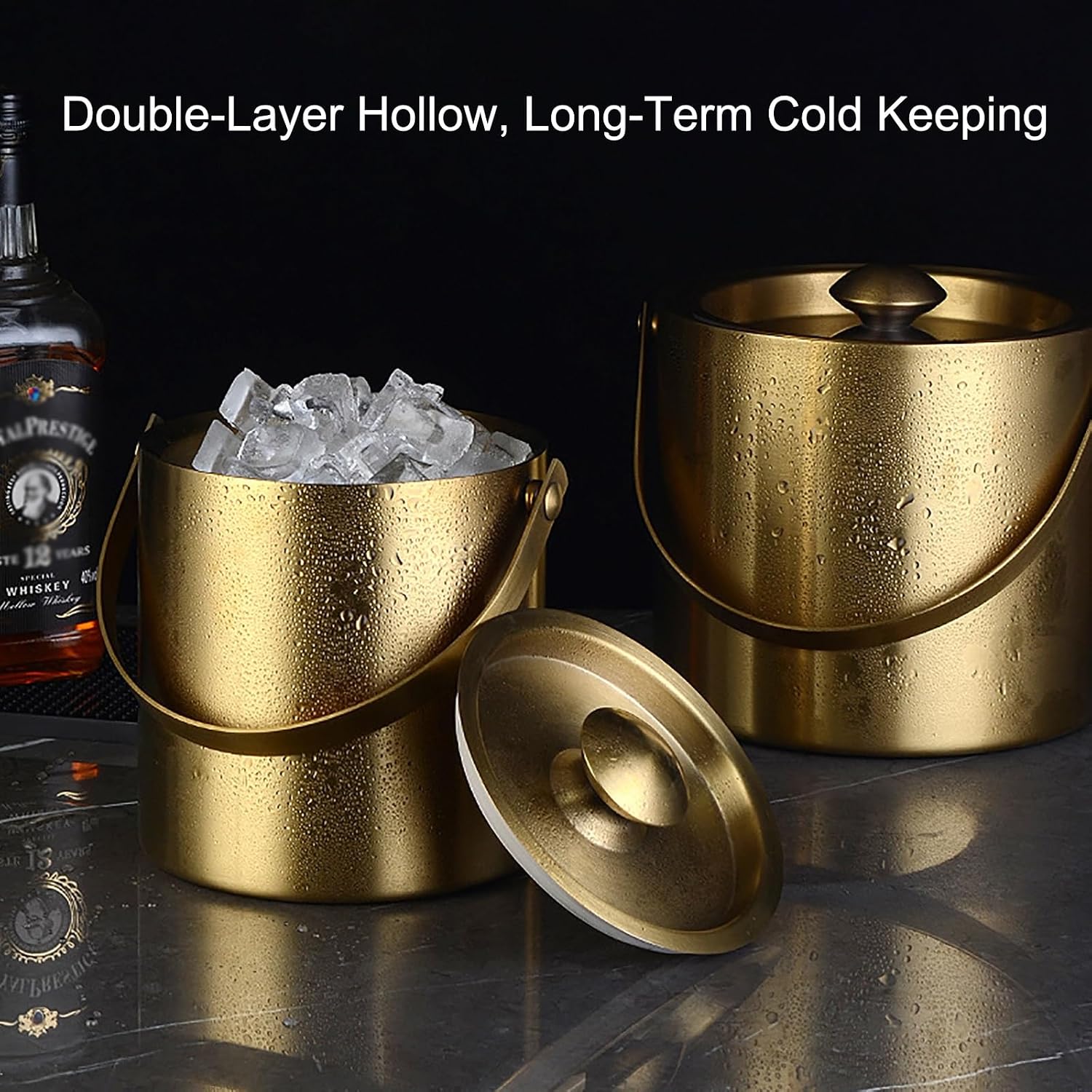Portable Stainless Steel Ice Bucket, Double Wall Insulated with Lid, 3L Gold Ice Bucket for Parties, Family Gatherings & Bars, Easy Carry Handle