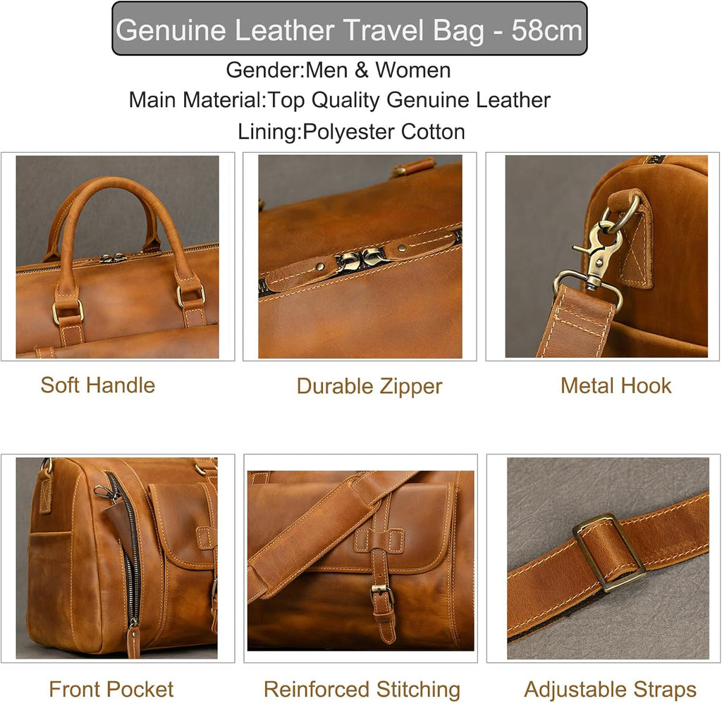 LUUFAN Full-grain Genuine Leather Travel Bag Large Capacity Duffel Luggage Bag with Shoe Compartment, Men Women Shoulder Bag for Weekend Holiday Business Trip, Light Brown