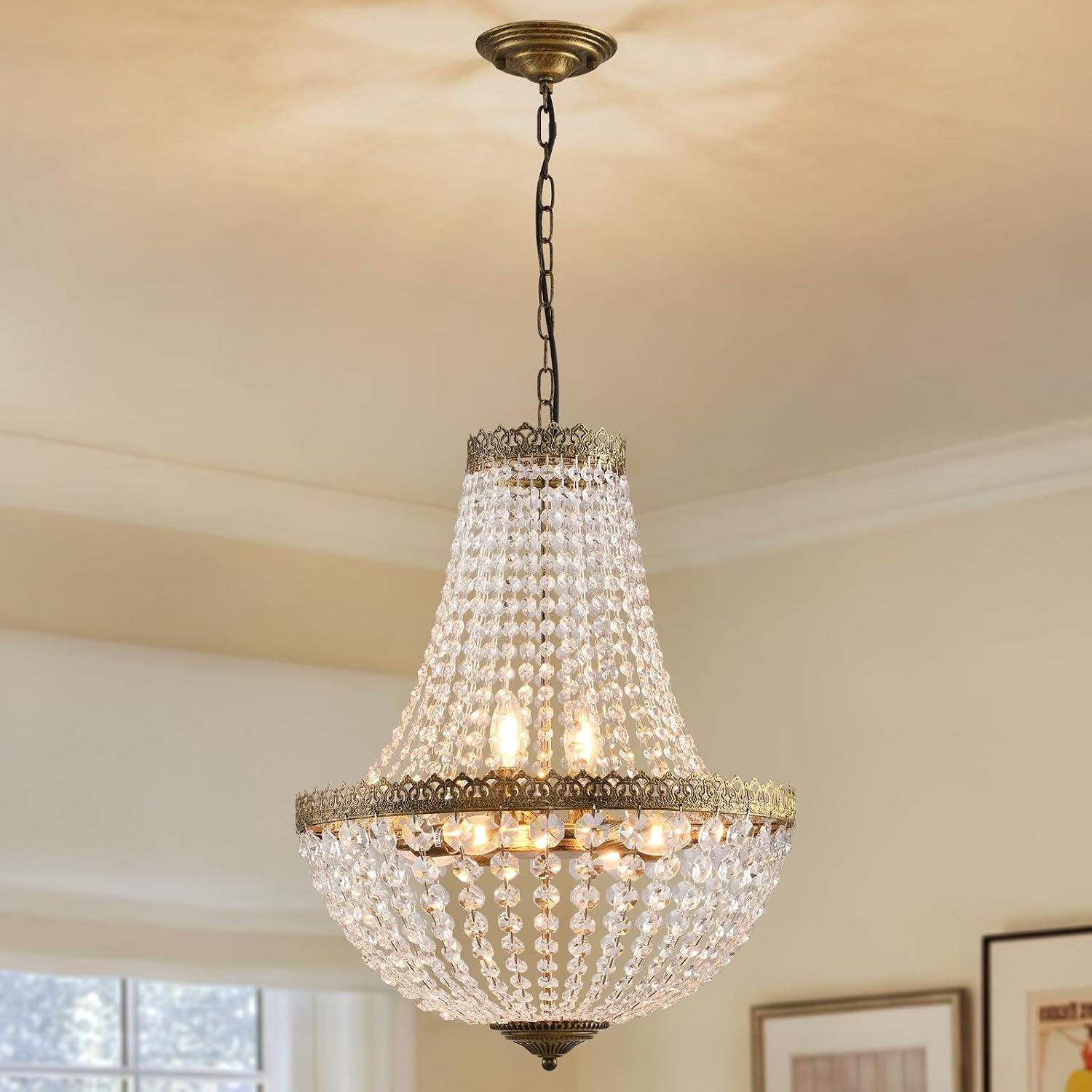 6 Lights French Empire Crystal Chandelier Farmhouse Pendant Lighting, Antique Brass Ceiling Light Fixture for Dining Room Bedroom Foyer Living Room, W18.5 x H25.6