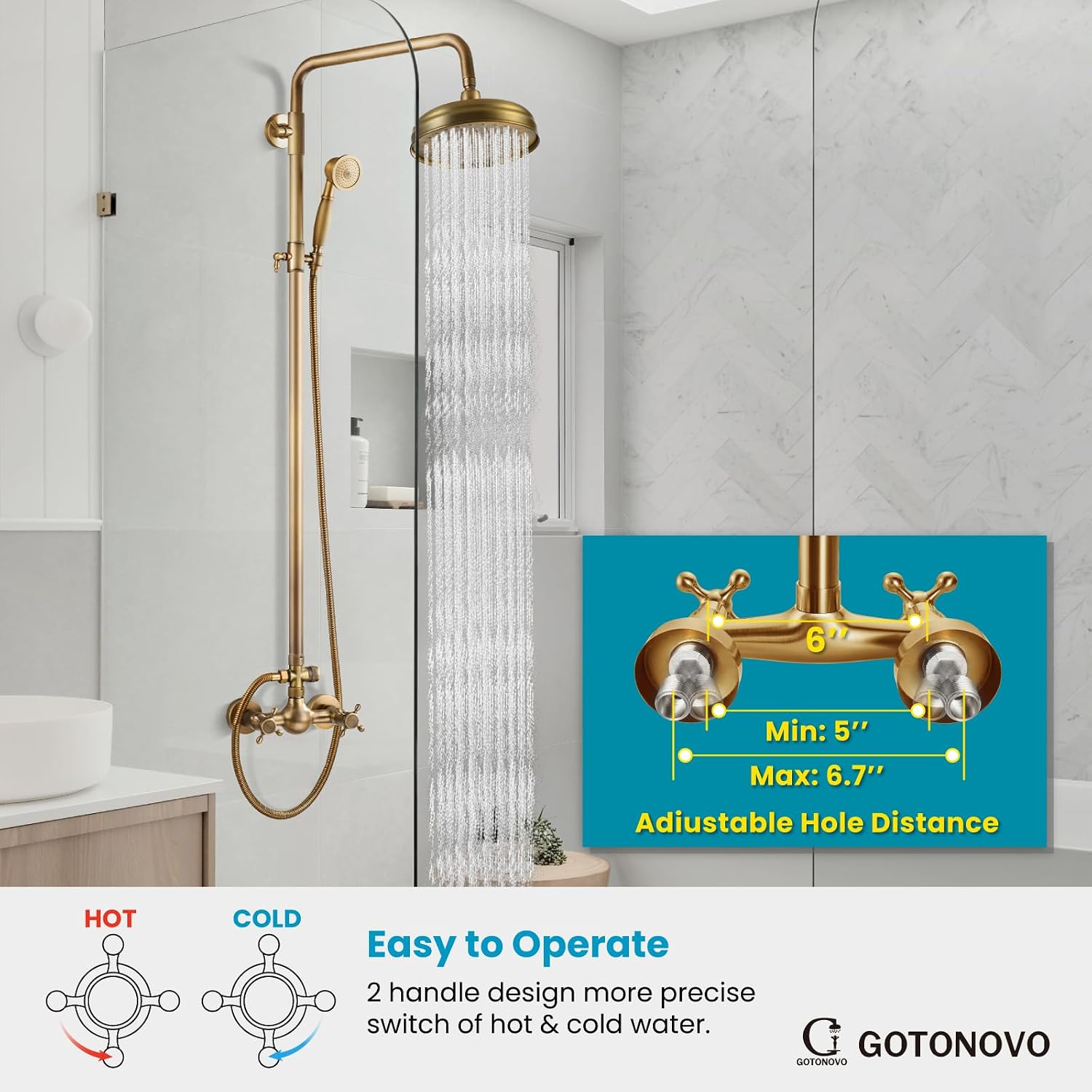 gotonovo Bathroom Exposed Shower Fixtures 8 Inch Rain Showerhead Double Cross Handles 2 Function Wall Mount Shower Faucet Set, Brass Handheld Spray, Antique Brass