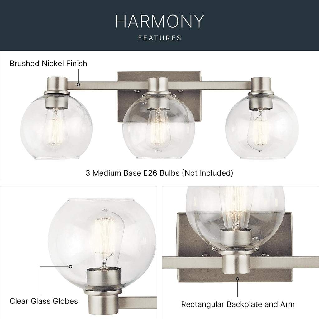 Kichler Harmony 24.5' Vanity Light in Brushed Nickel, 3-Light Traditional Bathroom Vanity with Clear Glass, (24.5' W x 8.25' H), 45894NI