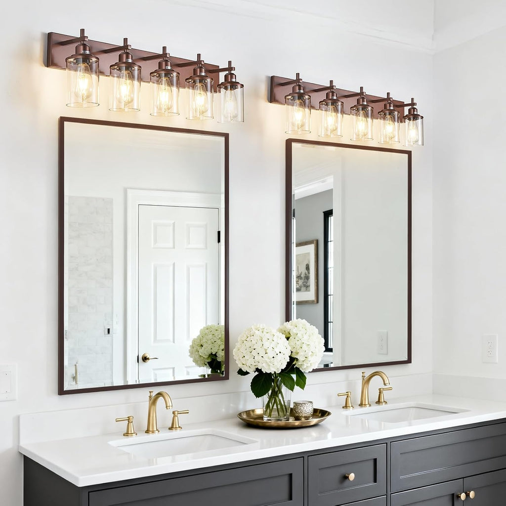 Lanhall 5-Light Bronze Bathroom Light Fixtures Over Mirror,Modern Bathroom Vanity Light with Clear Glass Shade, Wall Sconce for Bathroom Hallway Cabinet Bedroom Kitchen Living Room Foyer E26 Base