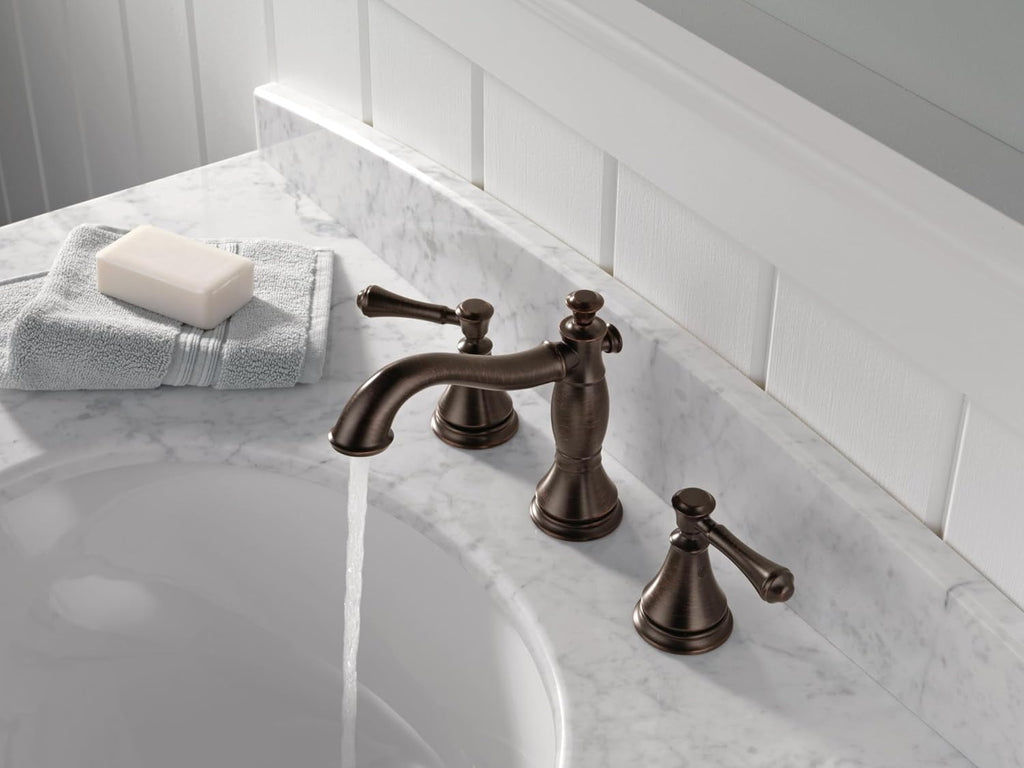 Delta Cassidy Oil Rubbed Bronze Bathroom Faucet 3 Hole, 8 Inch Widespread Bathroom Sink Faucet for Vanity, Metal Push-Pop Drain Assembly, Venetian Bronze 3597LF-RBMPU