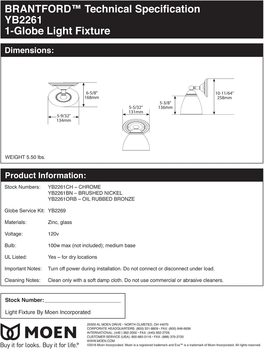 Moen YB2261ORB Brantford 1-Light Dual-Mount Bath Bathroom Vanity Fixture with Frosted Glass, Oil Rubbed Bronze