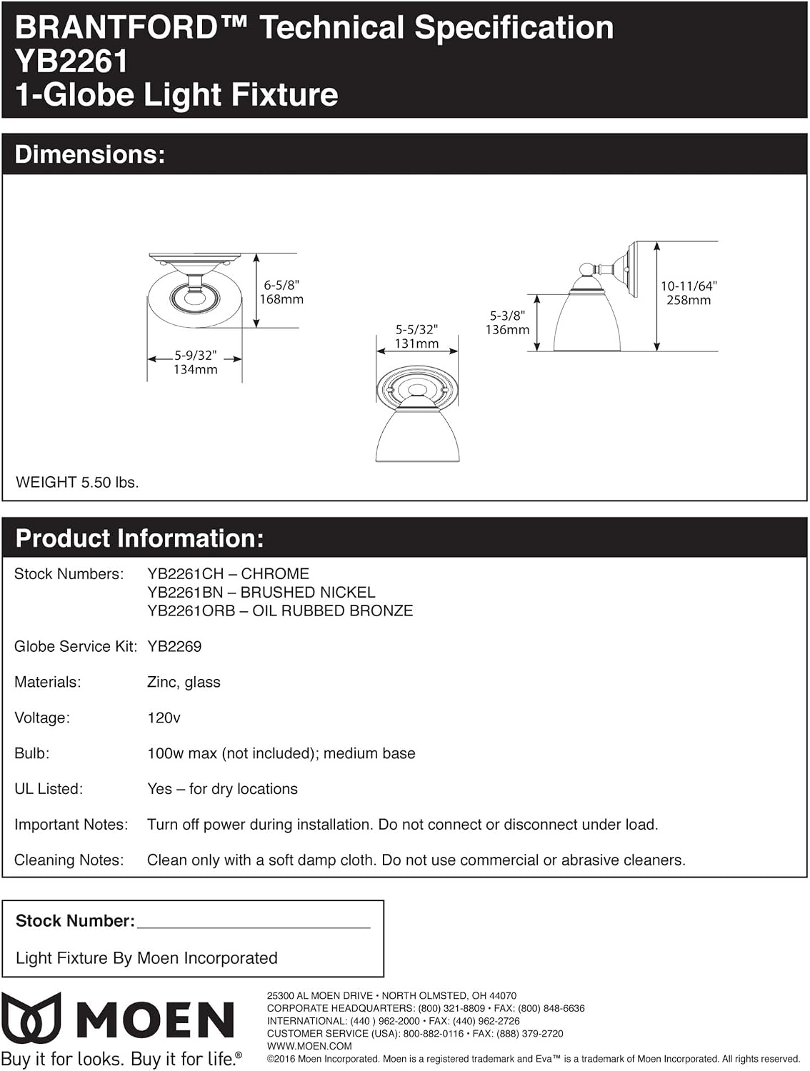 Moen YB2261ORB Brantford 1-Light Dual-Mount Bath Bathroom Vanity Fixture with Frosted Glass, Oil Rubbed Bronze