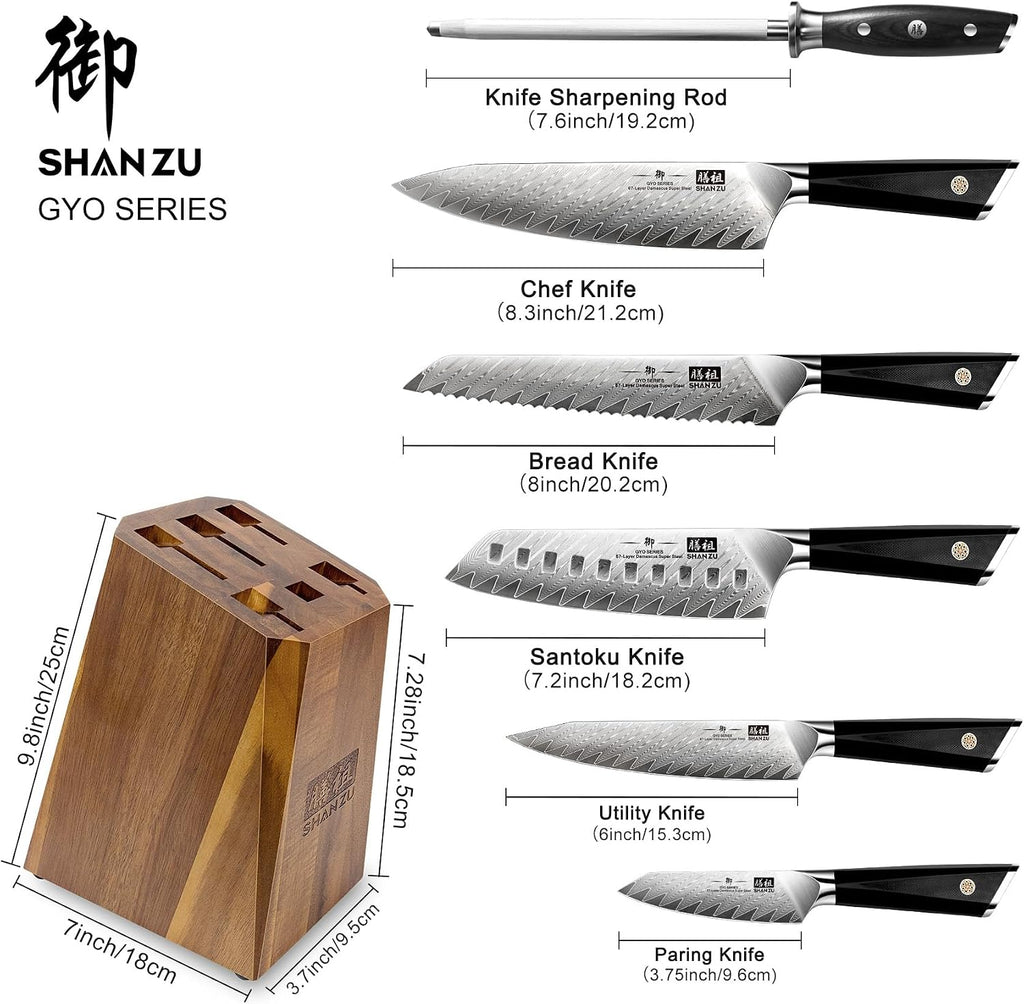 SHAN ZU Damascus Kitchen Knife Set, 7-Piece Professional Knife Sets for Chefs, Japanese 10Cr15CoMoV Super Steel With G10 Handle Knife Block Set, GYO Series