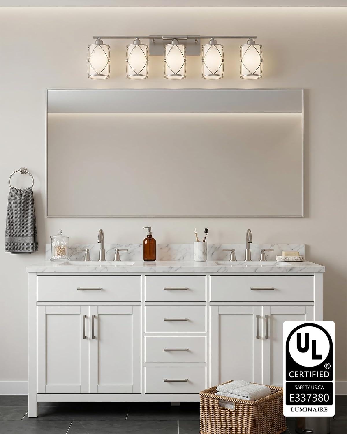 5-Light Brushed Gold Bathroom Light Fixtures Over Mirror, 42' UL-Listed Modern Wall Sconce Lights with Frosted Milk White Glass and Metal Cage for Bath, Hardwire E26, CH9176BNW-5W