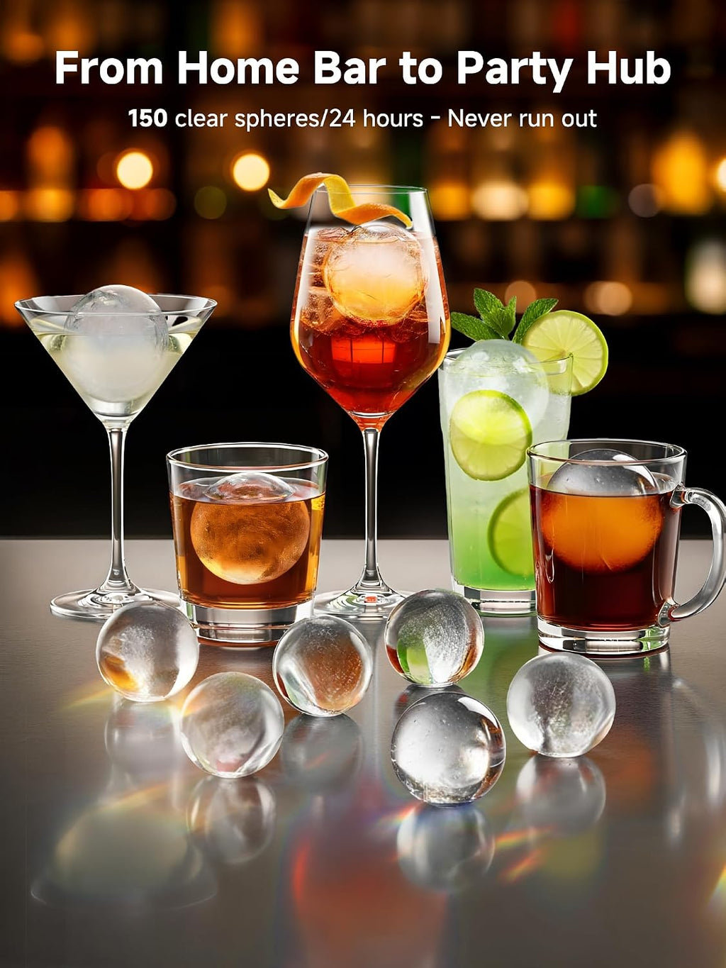 2' Clear Ice Ball Maker with ClearCore Technology, 150 pcs/Day, 4 pcs in 38 Mins, Sphere Ice Maker with Enhanced Insulation, Self-Cleaning, Automatic Water Supply for Whiskey & Bourbon