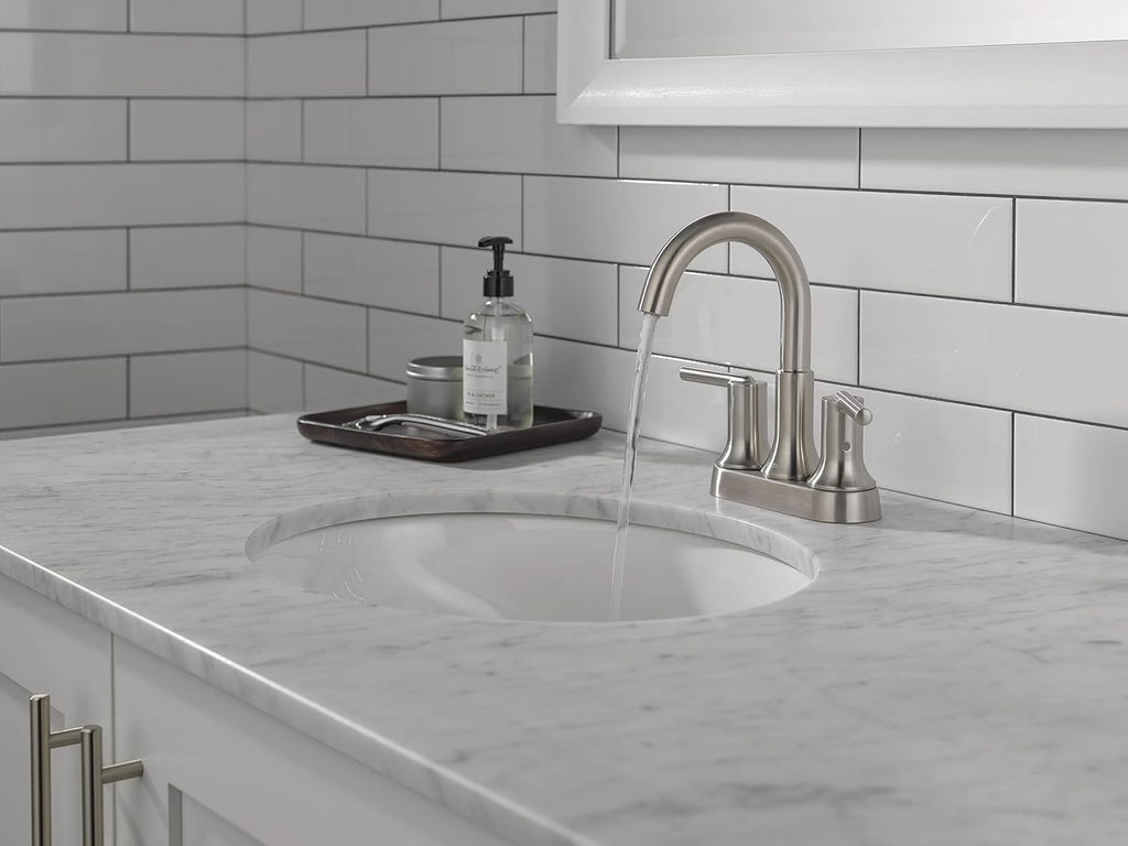 Delta Faucet Trinsic Brushed Nickel Bathroom Faucet, Bathroom Sink Faucet, Centerset, Diamond Seal Technology, Metal Drain Assembly, Stainless 2559-SSMPU-DST