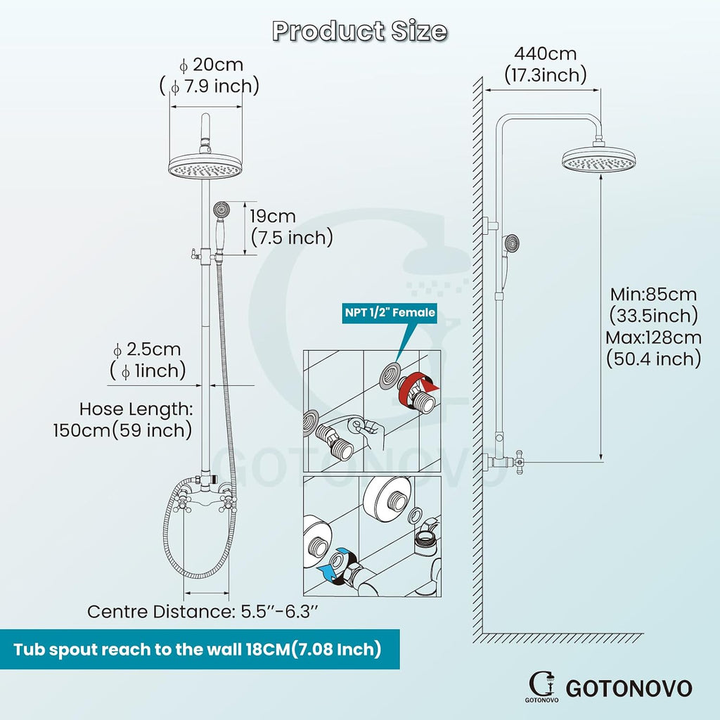 gotonovo Bathroom Exposed Shower Fixtures 8 Inch Rain Showerhead Double Cross Handles 2 Function Wall Mount Shower Faucet Set, Brass Handheld Spray, Brushed Nickel