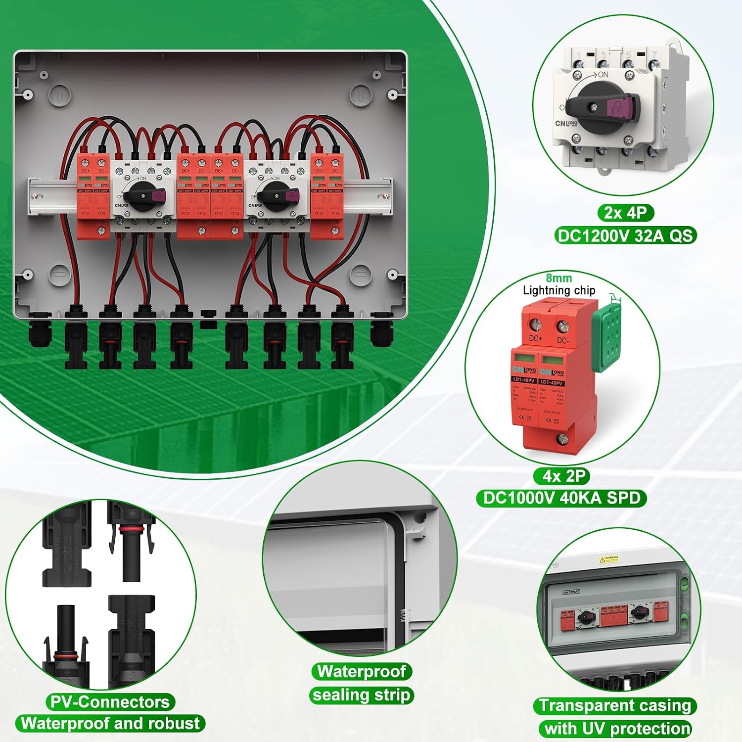4 Strings Solar Disconnect Switch 32 Amp DC1000V with Lightning Surge Protector Arrester and IP65 Solar PV Combiner Breaker Box 4in 4out for Outdoor Solar Panel System