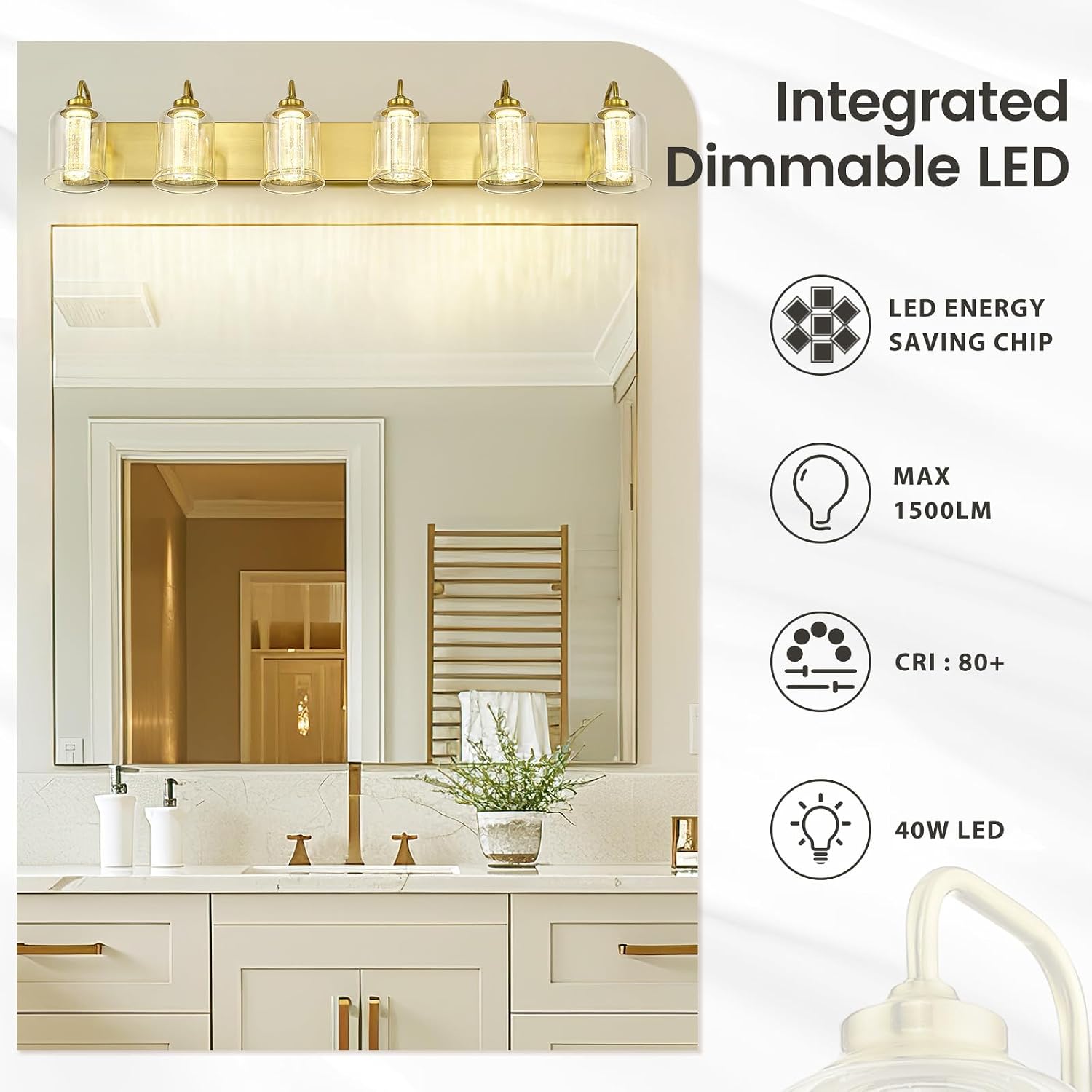 zeyu 6-Light Bathroom Wall Mounted Light, 40W Gold Bathroom Light Fixtures with 5 Color Modes, Brushed Gold Finish with Crystal Bubble and Clear Glass, ZSL72B-6W LED BG