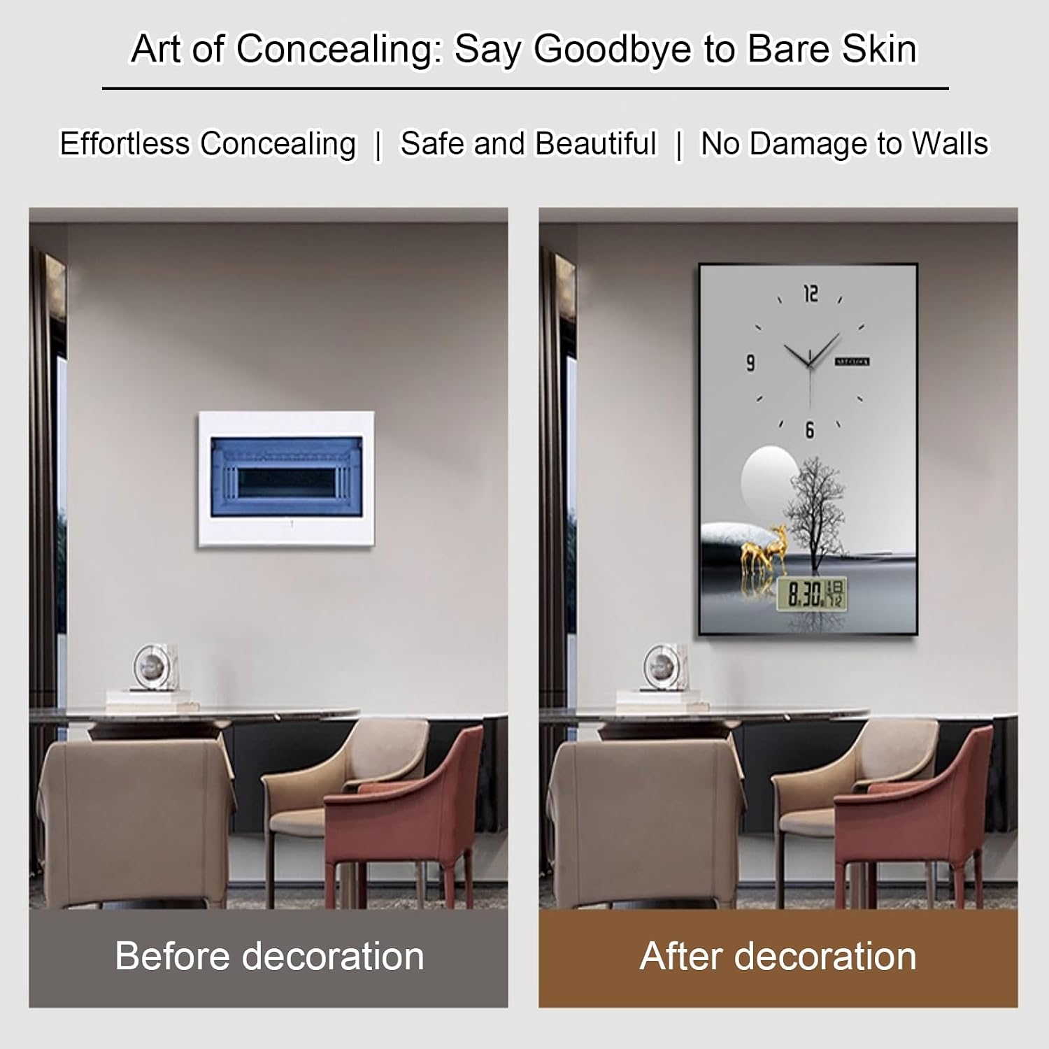 Circuit Breaker Box Cover, Electric Meter Decorative Painting with Clock, Hidden Electrical Panel Cover Decoration for Office, Home, Shopping Mall(Color 3,50 * 60cm/19.7 * 23.6in)