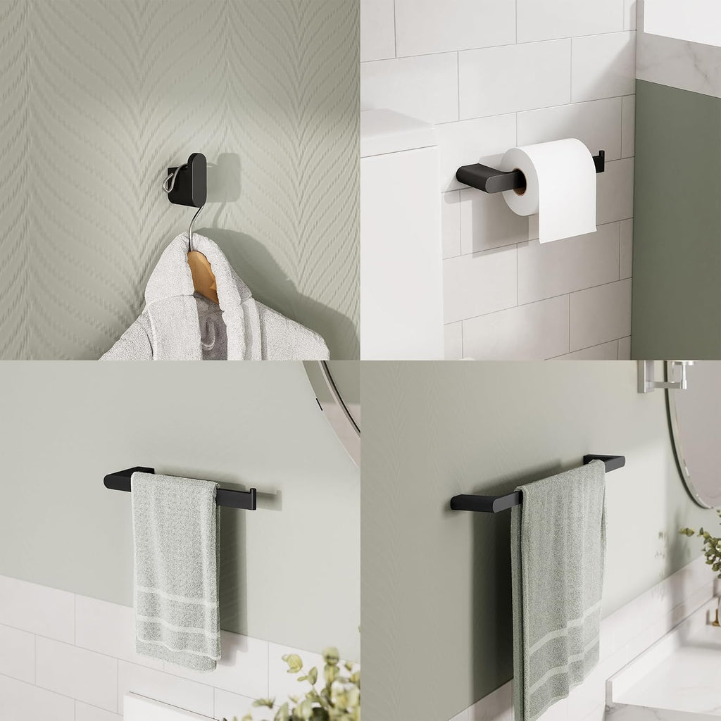 Bathroom Hardware Set 4 Piece Wall Mount Zinc Alloy with Towel Bar Toilet Paper Holder Hook Matte Black
