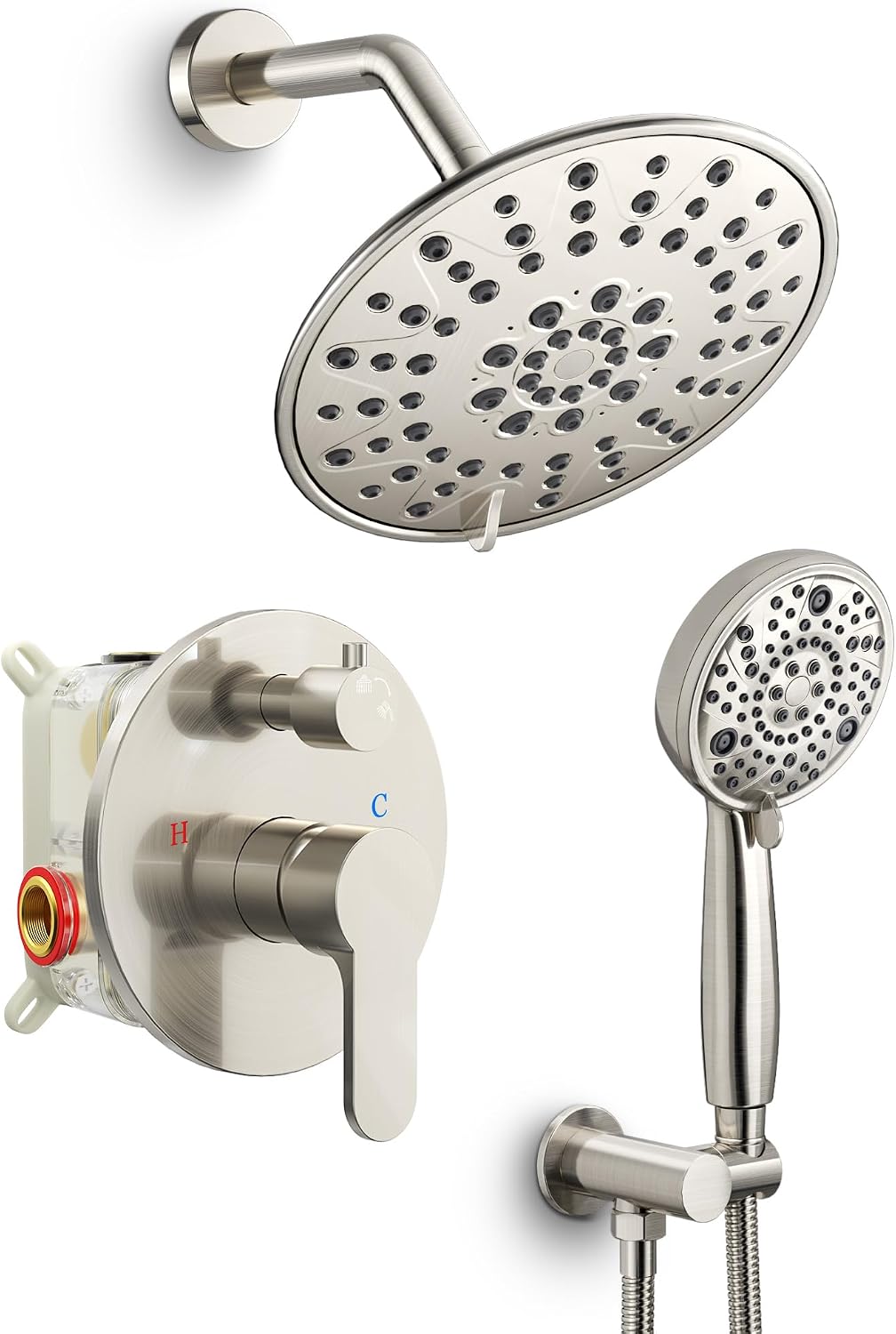 SR SUN RISE Shower Faucet - 8 Inch Multifunctional High Pressure Shower Head System with Handheld Shower Head Fixtures - Valve Included - Brushed Nickel
