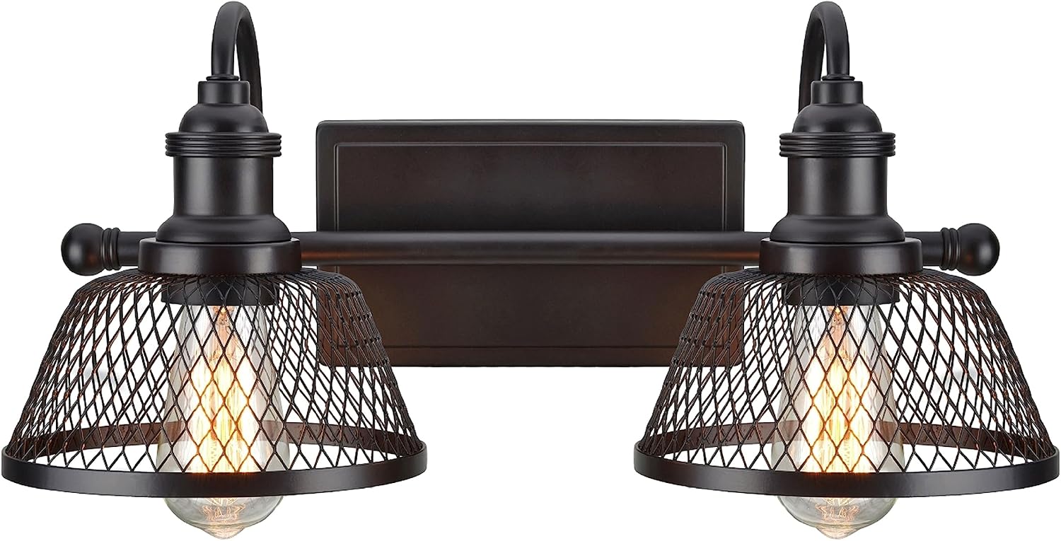 Aspen Creative 62094, Two-Light Metal Bathroom Vanity Wall Light Fixture, 17' Wide, Transitional Design in Bronze with Metal Mesh Shade