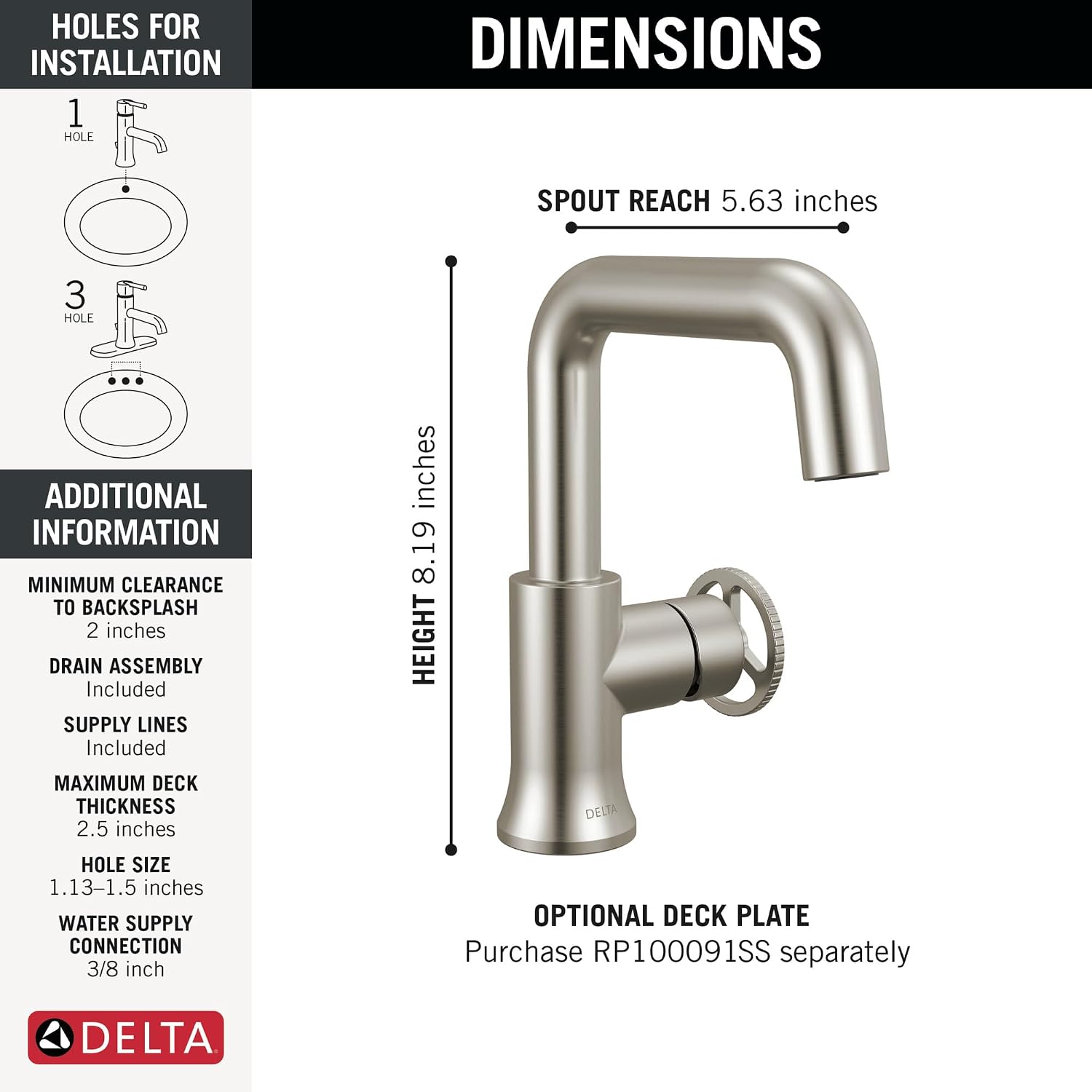 Delta Trinsic U-Spout 1-Hole Bathroom Faucet with Wheel Handle, Brushed Nickel Single Hole Bathroom Sink Faucet, Metal Push-Pop Drain Assembly, Stainless 5547HAR-SS-DST