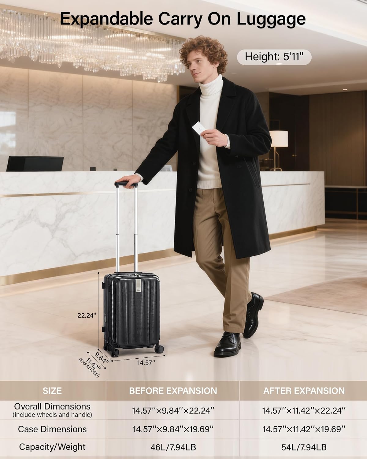 Hanke 20 Inch Expandable Carry On Luggage Airline Approved Top Opening Hard Shell Suitcases with Wheels Lightweight Travel Luggage Carry On Suitcase for Woman Men-Jet Black