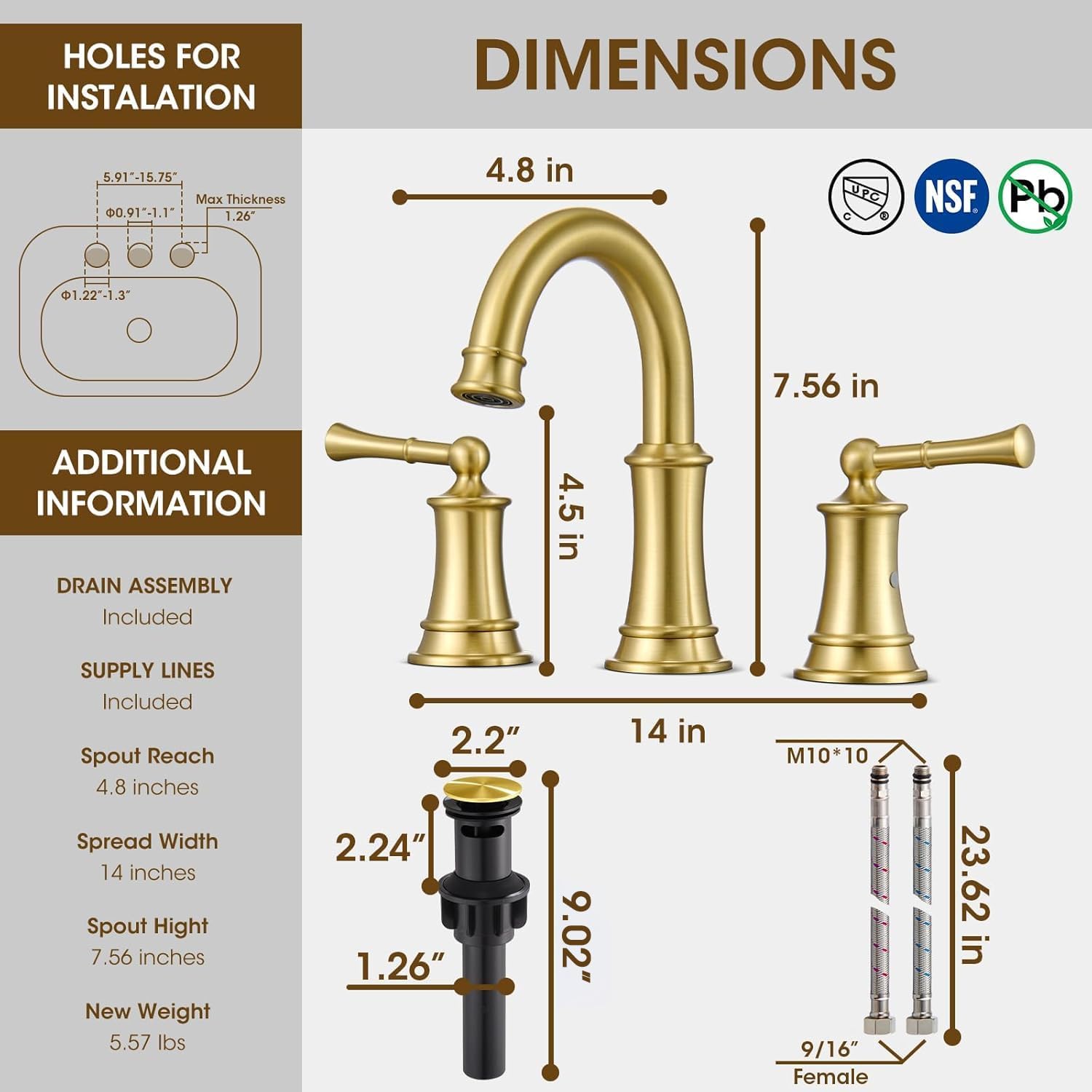 Sink Bathroom Fauce Solid Brass, Complete with Pop-Up Drain Assembly and cUPC Supply Lines for Widespread Vanity, Lavatory, and RV Sinks
