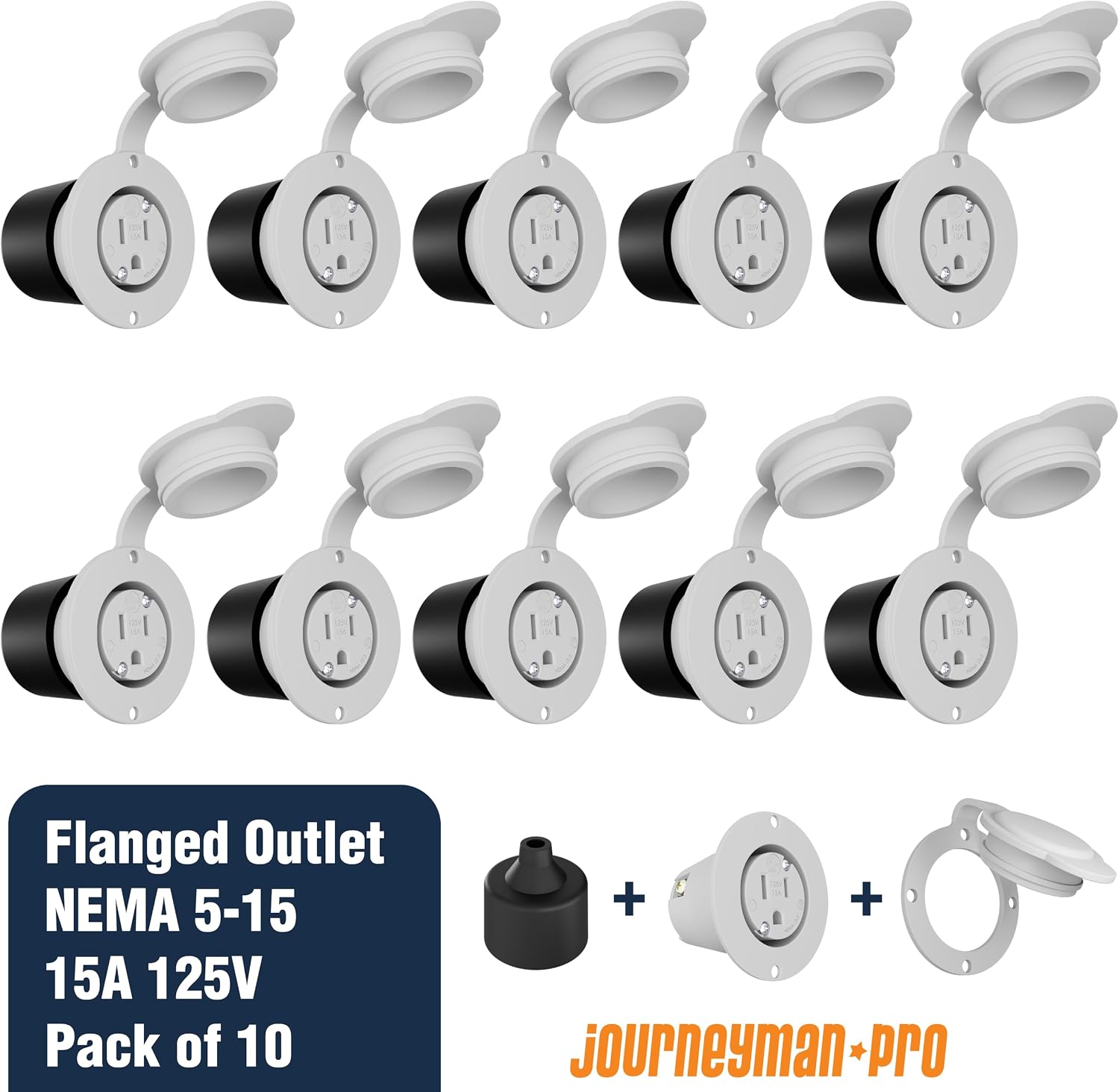 Journeyman-Pro 5279 Flanged Outlet Receptacle - 15 Amp 125 Volt NEMA 5-15, Commercial Grade Electrical Outlet, 2-Pole 3-Wire Straight Blade Plug, cUL Listed, 10-14 AWG, 10-Pack w/Front & Back Covers