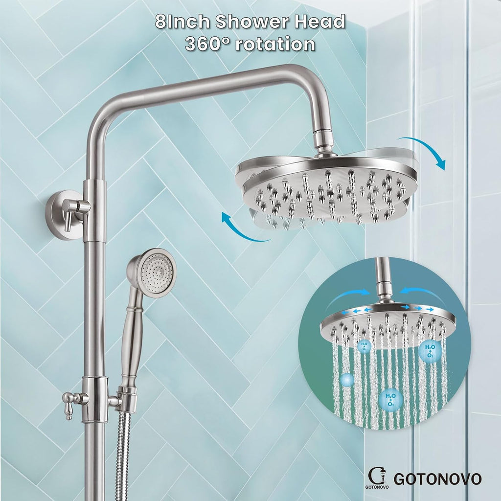 gotonovo Exposed Shower Faucet Set 8 Inch Rainfall Showerhead 3-Function Shower Fixture with Tub Spout 2 Corss Handles Shower System, Brushed Nickel