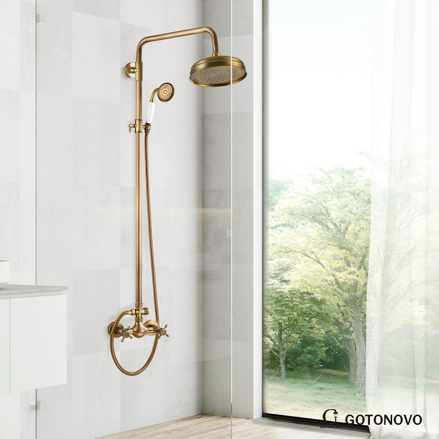 gotonovo Luxury Exposed Shower Faucet Set Bathroom Shower System 8 Inch Wall Mount Rainfall Shower Head with Handheld Spray Cross Double Handle Shower Fixture Adjustable Straight Rod Antique brass