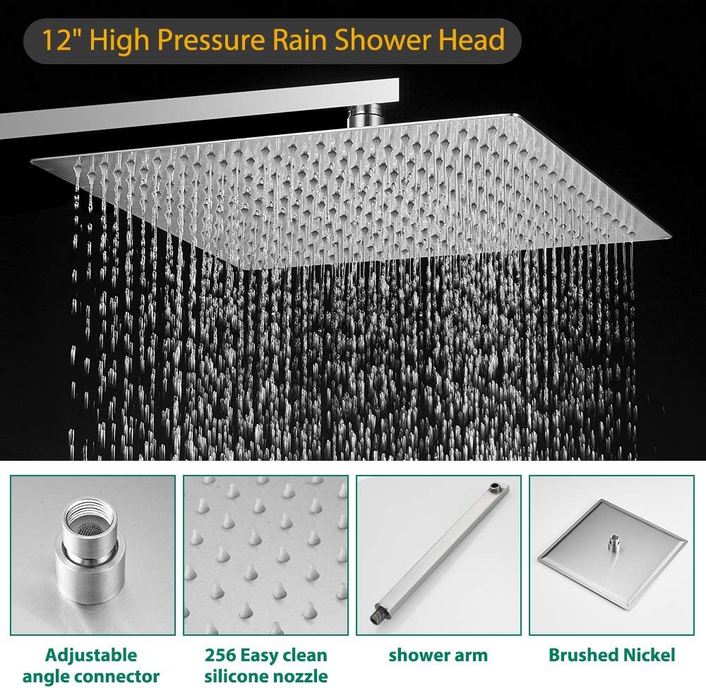 Hoimpro 12 Inch Shower System Set Bathroom Rain Shower Head Brass 2 In 1 Handheld Sprayer Wall Mounted, Rainfall Shower Faucet Spray Fixture Valve Kits Combo Showerhead, Brushed Nickel