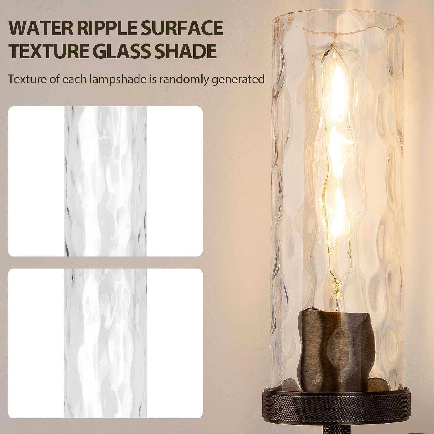 15' Knurled Brass Wall Sconce with Water Ripples Glass Tube, Bronze Bathroom Vanity Light Fixtures, Modern Lamp Lighting for Bedroom, Living Room, Hallway, Staircase, Mirror, Kitchen