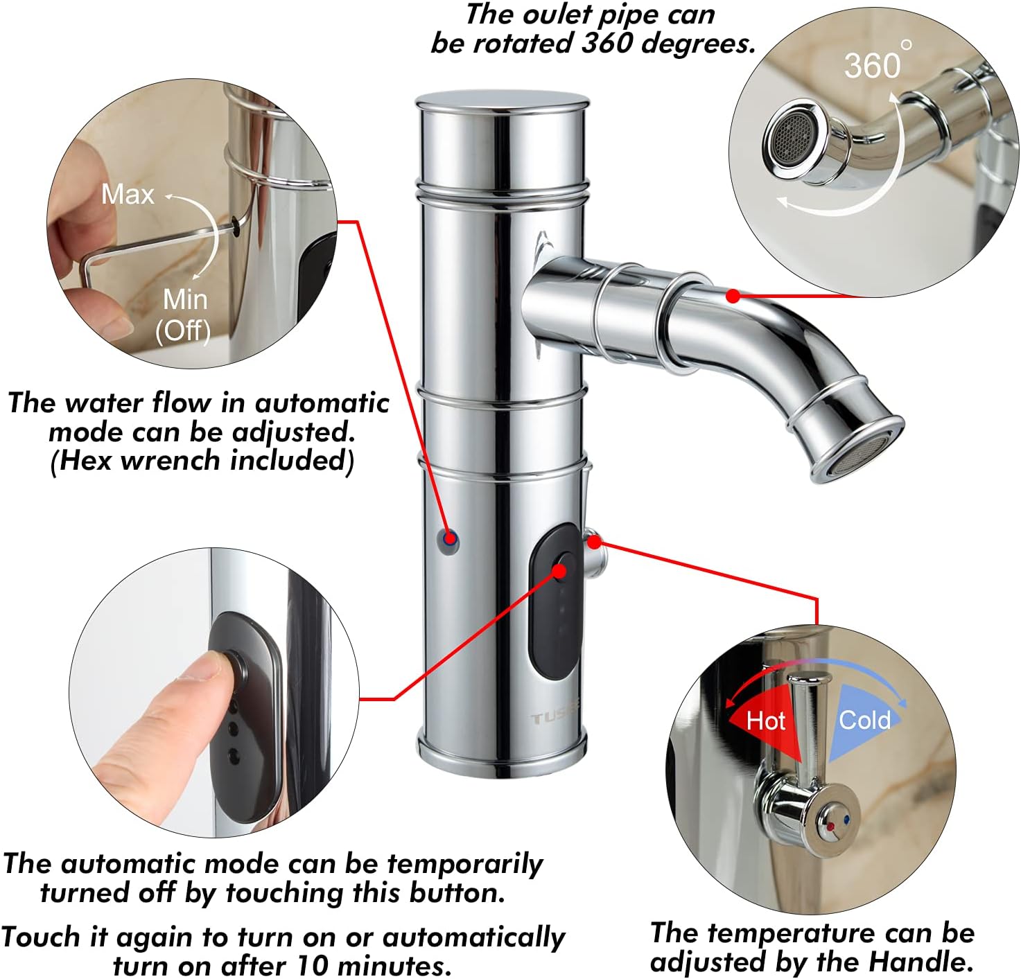Touchless Bathroom Faucet with Rotatable Spout and Manual Option, Bathroom Sink Faucet with Temperature Control and Flow Control, Chrome, TS-5501C