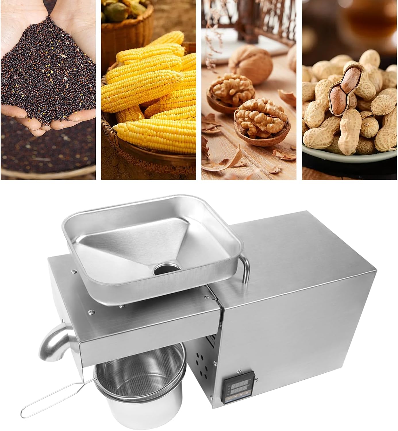 1500W Commercial Oil Press Machine Oil Expel, Food Grade Stainless Steel Nuts Seeds Oil Pressing Machine Electric Automatic Cold Hot with Intelligent Control Panel and LCD Touch Screen, Oil Extractor