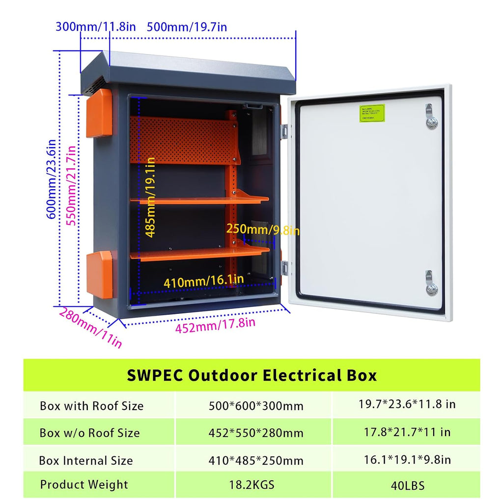 Metal Nema Enclosure with Rain Hood Weatherproof Junction Electric Breaker Box with Fan-Vent Design Electrical Cabinet with Mounting Track Hole in Back 20X24X12