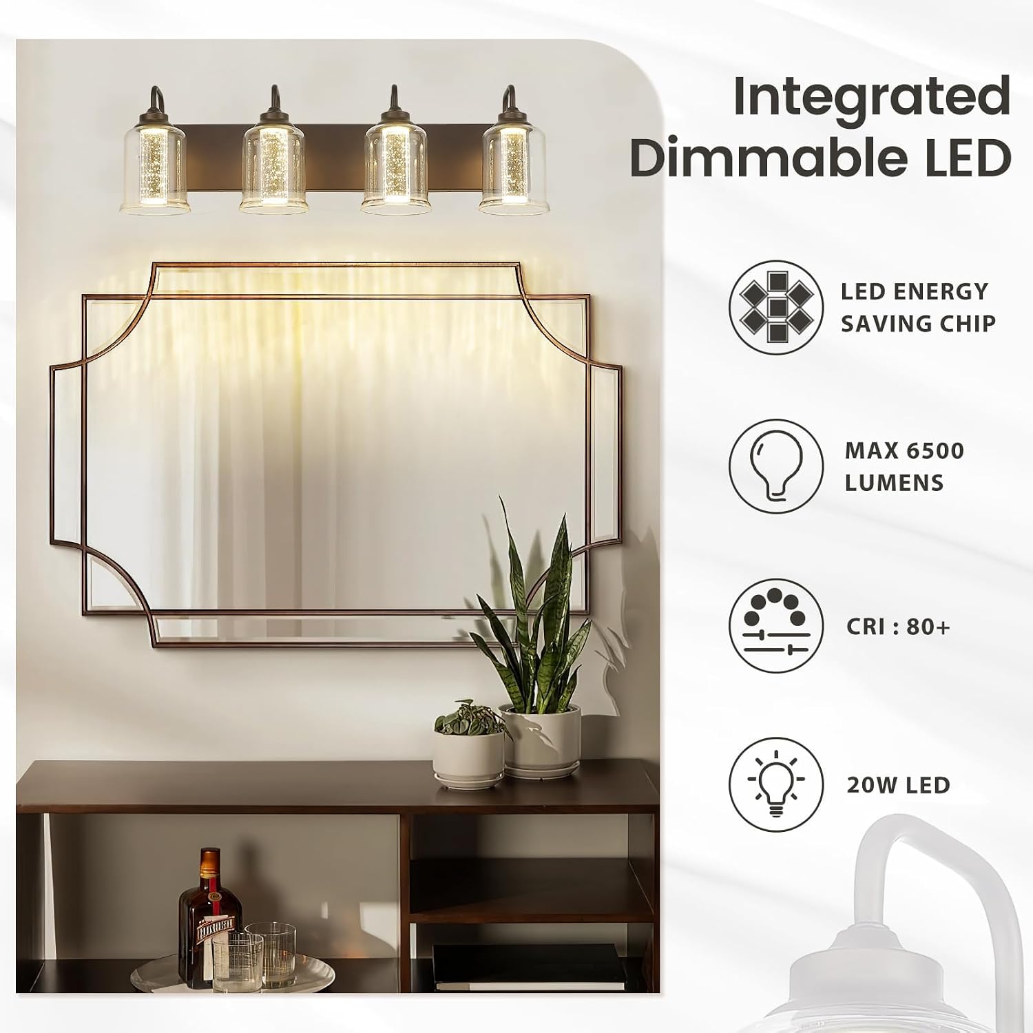 zeyu 20W LED Vanity Light Bathroom, 4-Light Farmhouse Vanity Lighting Over Mirror with Crystal Bubble and Clear Glass, 5CCT Adjustable, Oil Rubbed Bronze Finish, ZSL72B-4W LED ORB-1