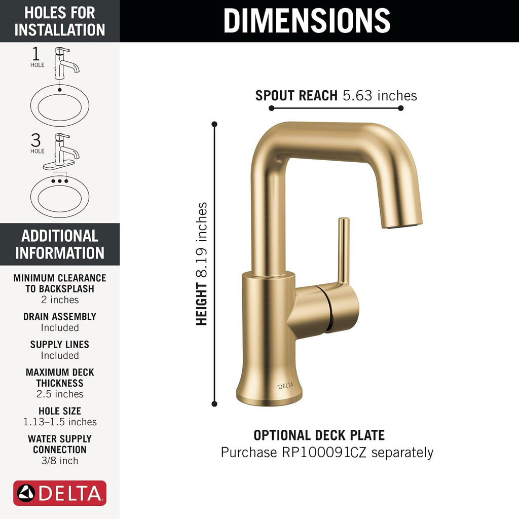 Delta Trinsic U-Spout 1-Hole Bathroom Faucet, Gold Single Hole Bathroom Sink Faucet, Metal Push-Pop Drain Assembly, Champagne Bronze 554HAR-CZ-DST