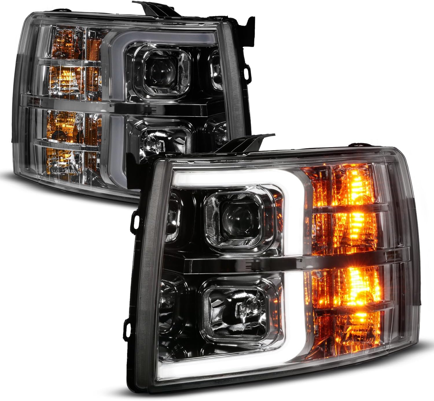 AmeriLite for 2007-2013 Chevy Silverado 1500 | 07-14 Silverado 2500HD 3500HD LED Tube Square Projector Gun-Metal Headlights Set - Passenger and Driver Side